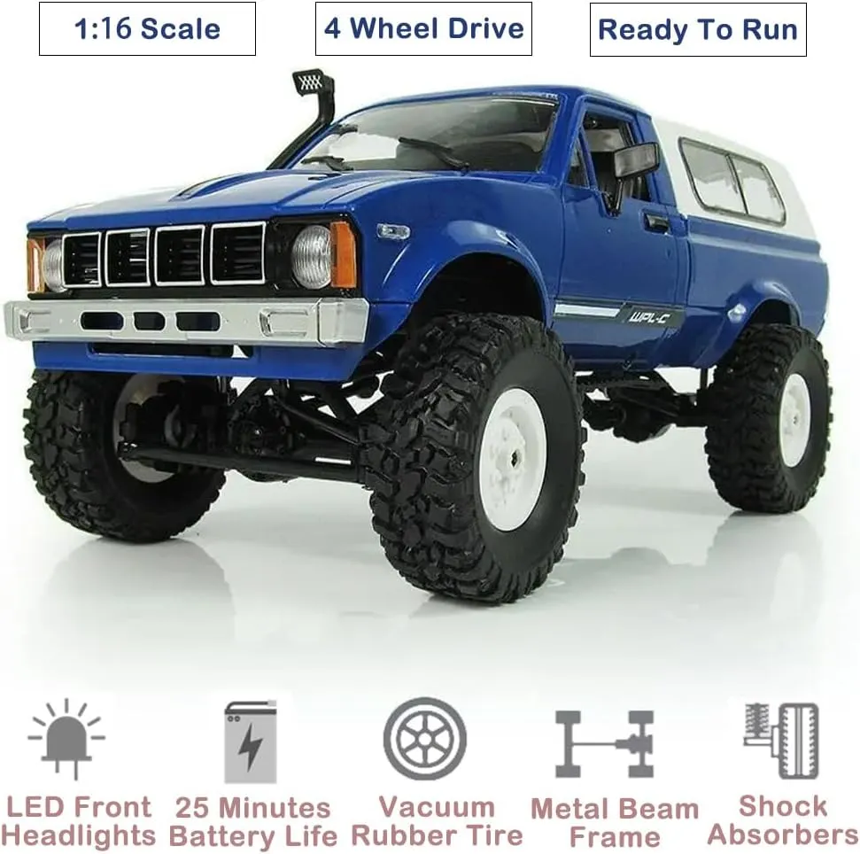 All Terrain Off Road Pickup Truck, 2.4GHz RC Climbing Car with pearl LED Light, 2 Batteries for Adults (Blue) GoolRC RC Truck, WPL C24 RC Crawler 1/16 Scale Remote Control Car, 4WD 