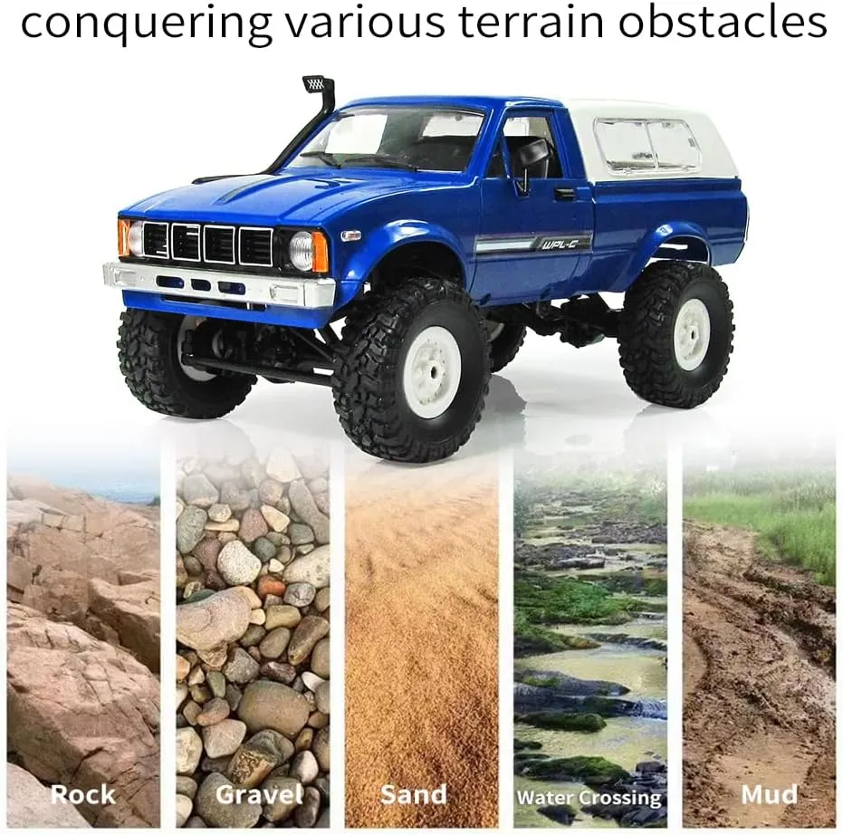 All Terrain Off Road Pickup Truck, 2.4GHz RC Climbing Car with pearl LED Light, 2 Batteries for Adults (Blue) GoolRC RC Truck, WPL C24 RC Crawler 1/16 Scale Remote Control Car, 4WD 