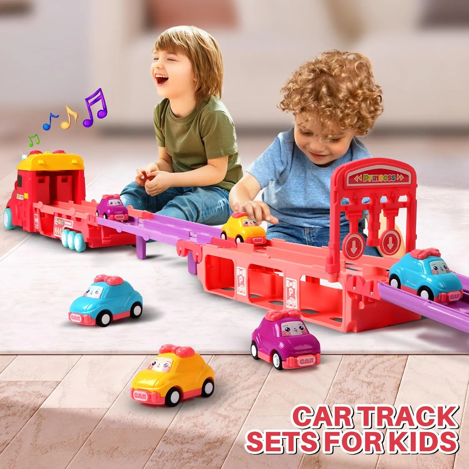 & Sounds Xmas Gifts for 3 ethnic monogamous 4 5 6 7 8 Years Old Kids Boys Girls (Pink) Carrier Truck Car Track Set for Toddlers Toys$ 4 FT Race Track and 6 Die-Cast Toy Cars$ Truck Toy with Lights 