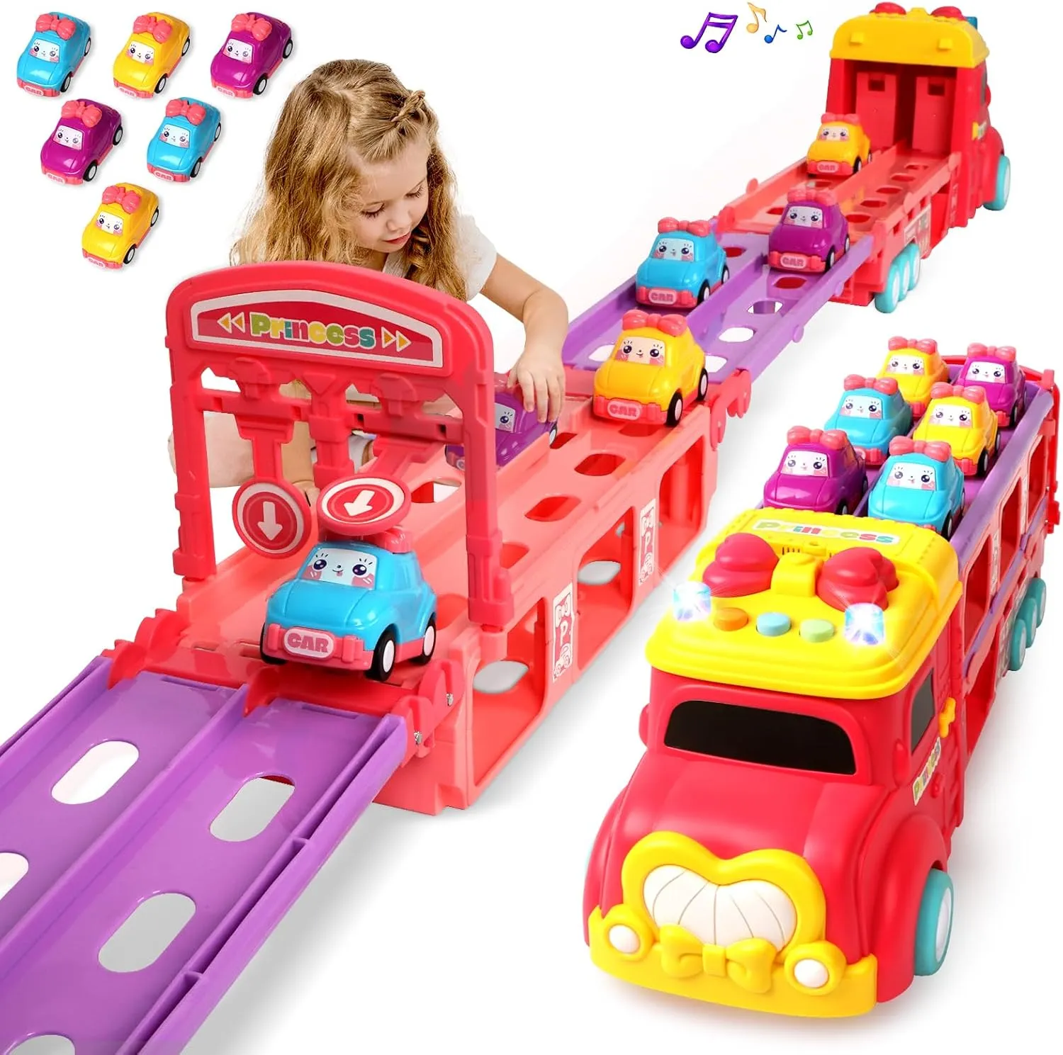 & Sounds Xmas Gifts for 3 ethnic monogamous 4 5 6 7 8 Years Old Kids Boys Girls (Pink) Carrier Truck Car Track Set for Toddlers Toys$ 4 FT Race Track and 6 Die-Cast Toy Cars$ Truck Toy with Lights 