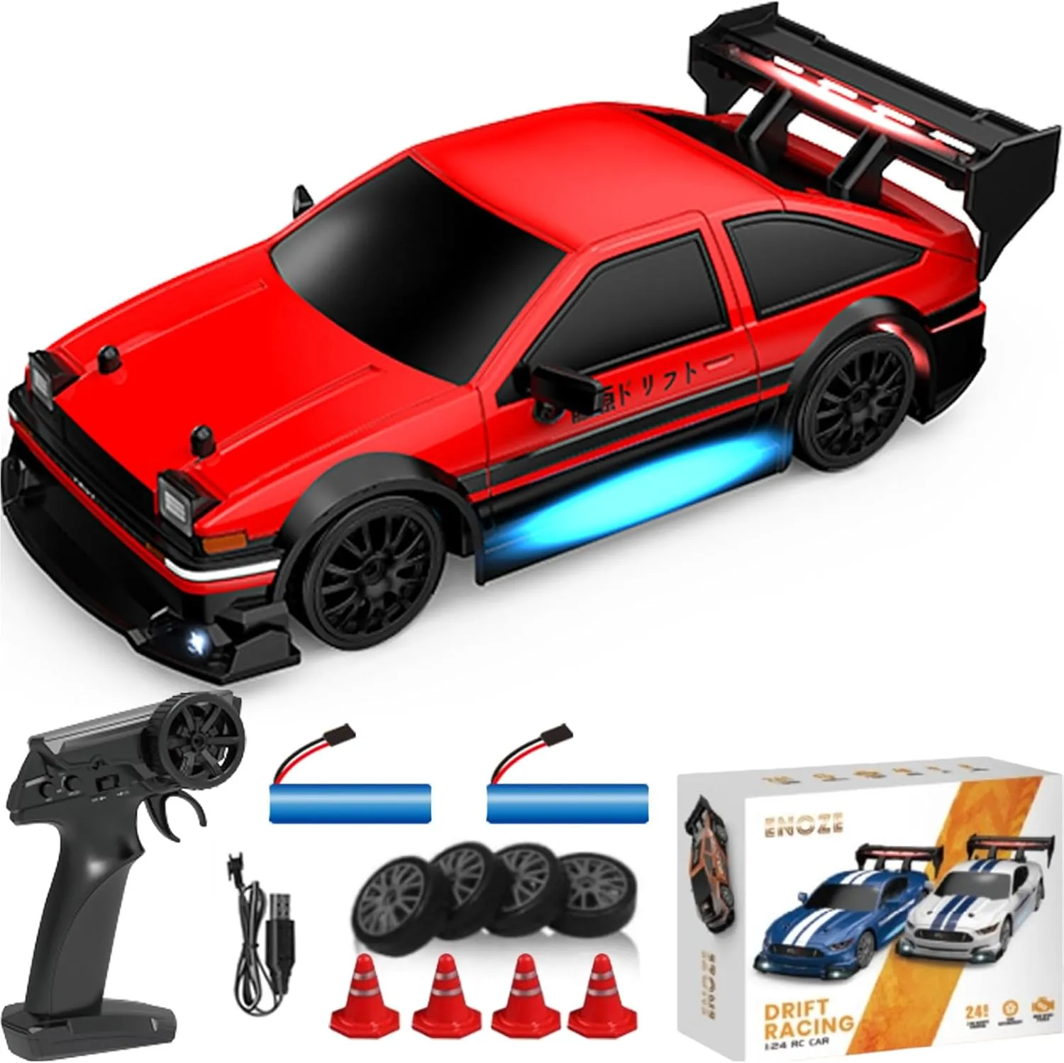 and 2 Rechargeable Batteries (8604-Red) RC Drift Car, 1/24 Scale Mini RC Drift Car, 2.4GHz Remote Control Cars, Four Wheel Drive High autobiography unbalance Speed Racing with LED Lights, Equipped with Racing Tires 