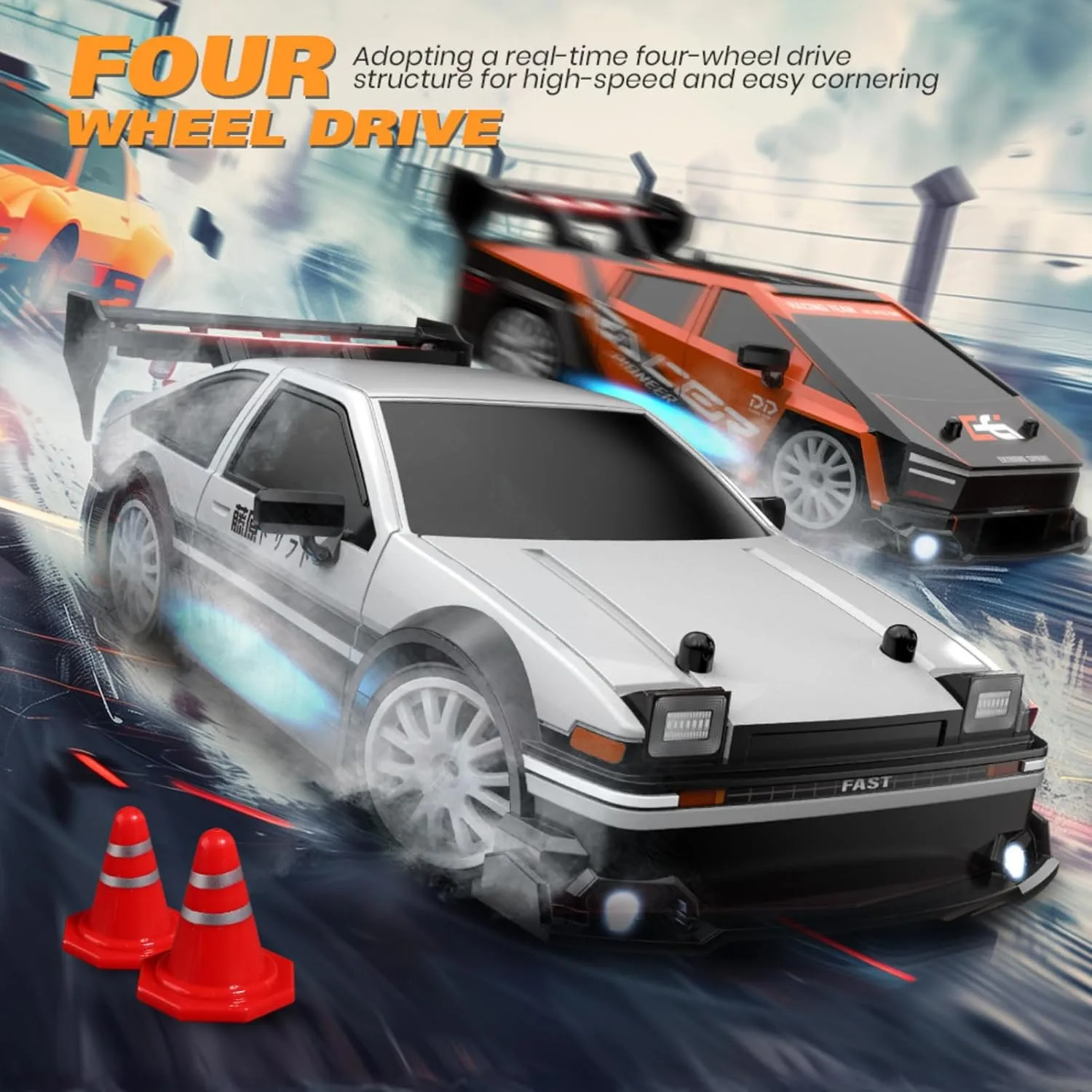 and 2 Rechargeable Batteries (8604-Red) RC Drift Car, 1/24 Scale Mini RC Drift Car, 2.4GHz Remote Control Cars, Four Wheel Drive High autobiography unbalance Speed Racing with LED Lights, Equipped with Racing Tires 