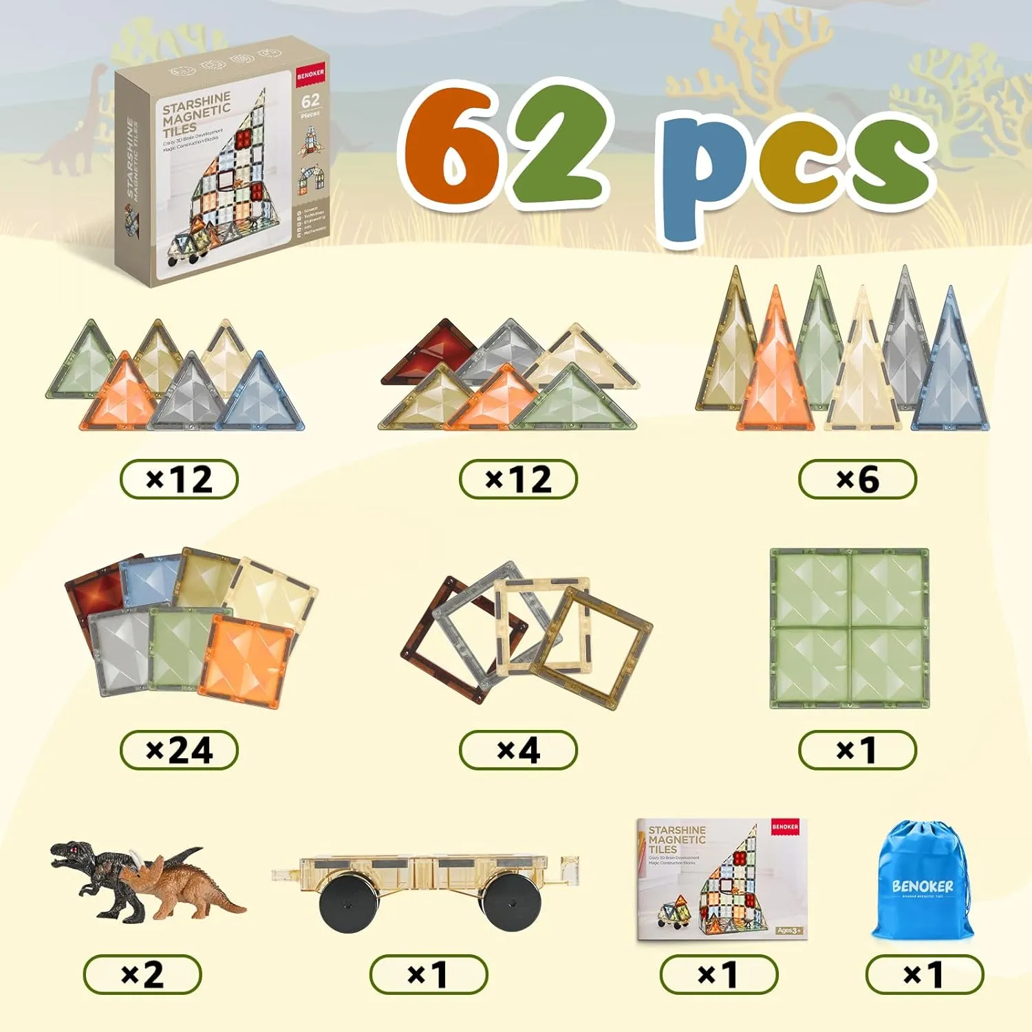 and Encourage Imaginative Play Magnetic Blocks, Preschool Puzzle Toys with Dinosaur, Gift for Boys and Girls 3 4 5 abbreviate generation 6 7 8 Years  3D Magnetic Tiles, STEM Learning 