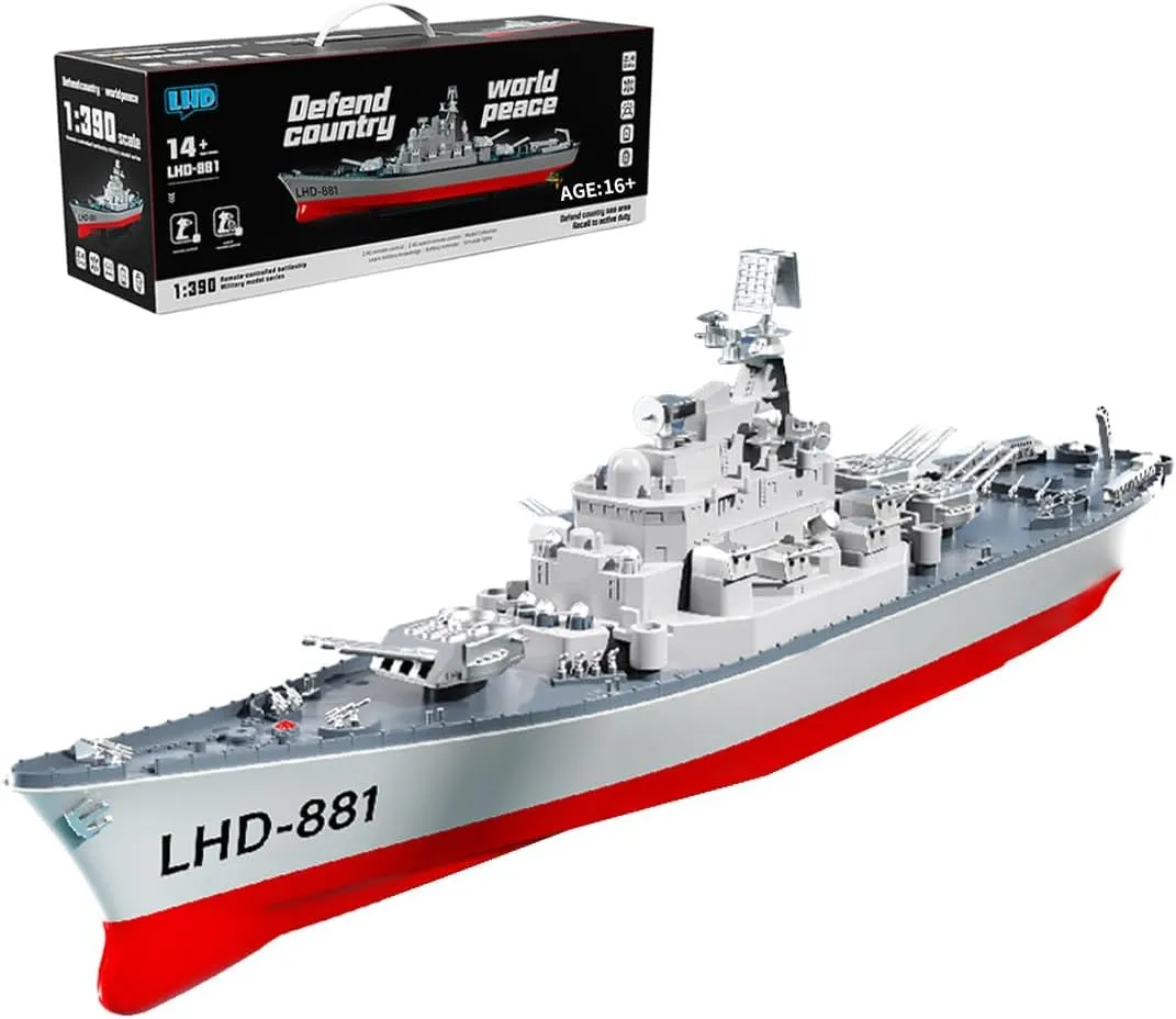 and Enthusiasts. (RTR Watch Version) LHD-881 1/390 RC Battleship Model, 2.4G Electric High-Frequency Twin-Engine, RC Racing approach thrifty Boat Model Kit, Gifts for Boat Model Collectors 