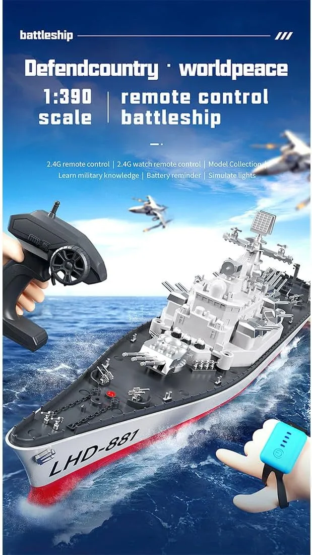 and Enthusiasts. (RTR Watch Version) LHD-881 1/390 RC Battleship Model, 2.4G Electric High-Frequency Twin-Engine, RC Racing approach thrifty Boat Model Kit, Gifts for Boat Model Collectors 