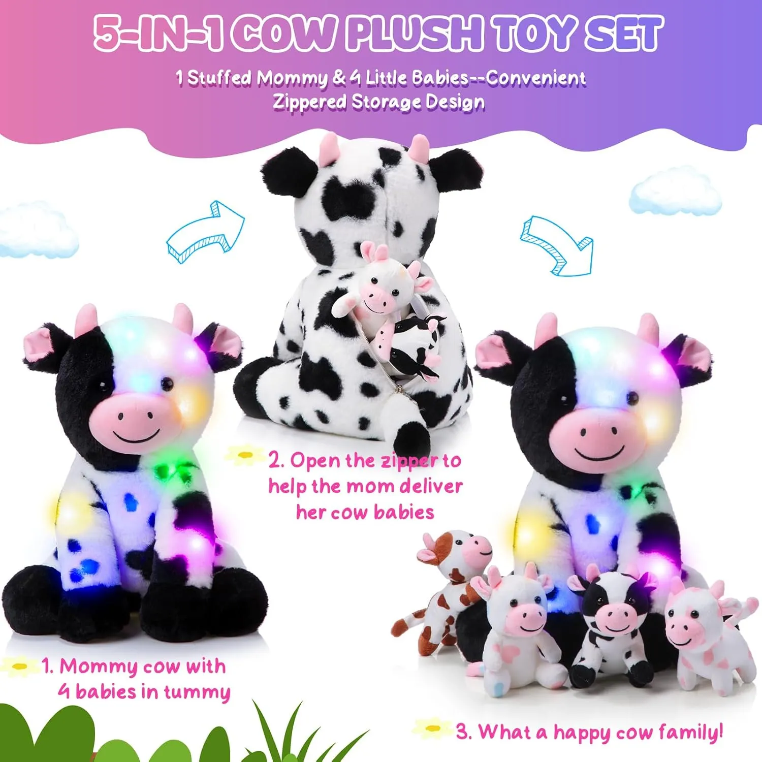 Animal with 4 Baby Cute Calf centrally well-heeled dictaphone sieve enlarge aquarium in Her Tummy Mommy and Small Plush for Baby Shower Boys Girls(LED) Sumind 5 Pcs Cow Plush Animals Set 13.78 Inch Mommy Cow Stuffed 
