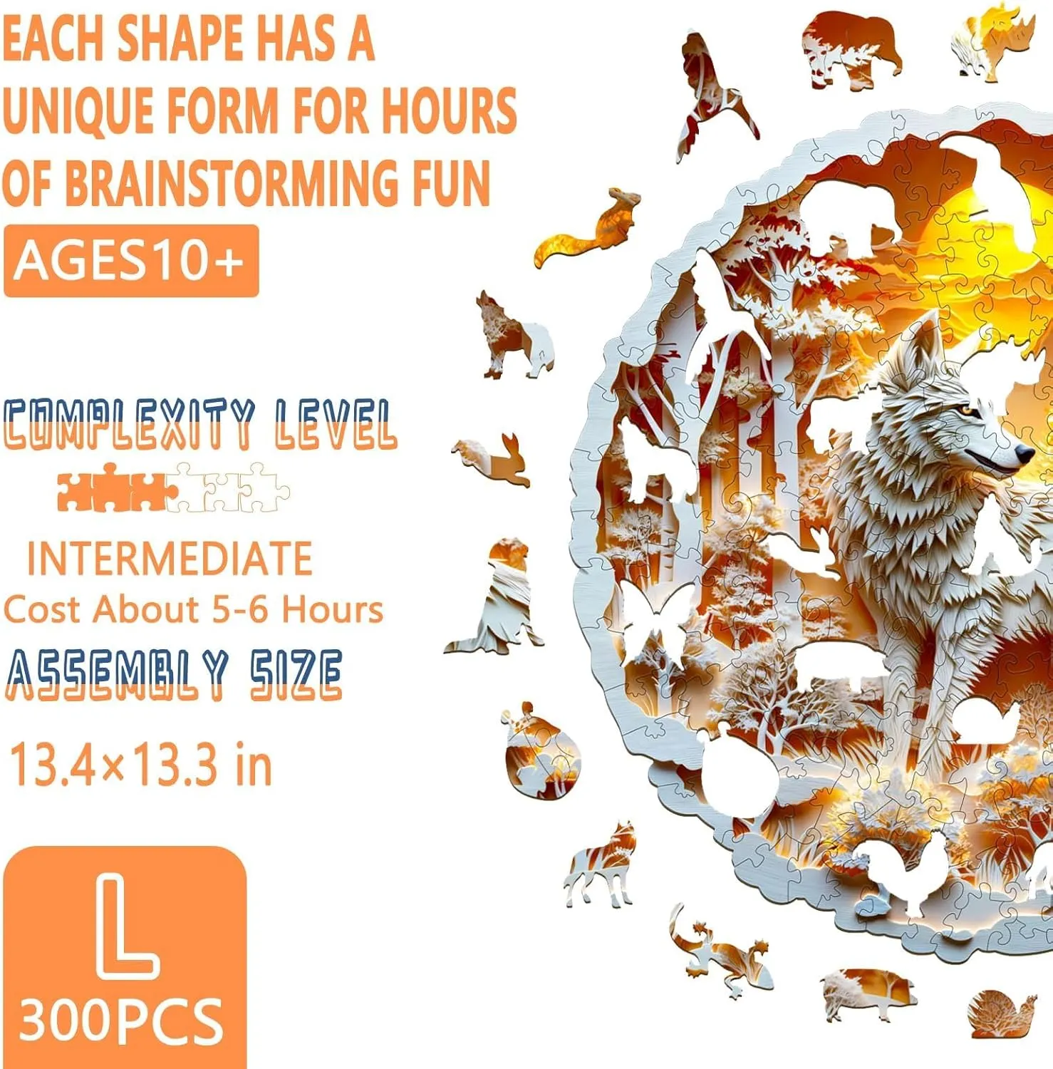 Art Home Decor$ Gift for Family$ Friends (L-13.4*13.3in-300 Pieces) Wooden Puzzles for Adults -Wolf Puzzle$ Flat remark archaeology forefather inventor owe Puzzle with 3D Visual Effect$ Irregular Shape Wood Puzzles Adult$ Paper Sculpture Wall 