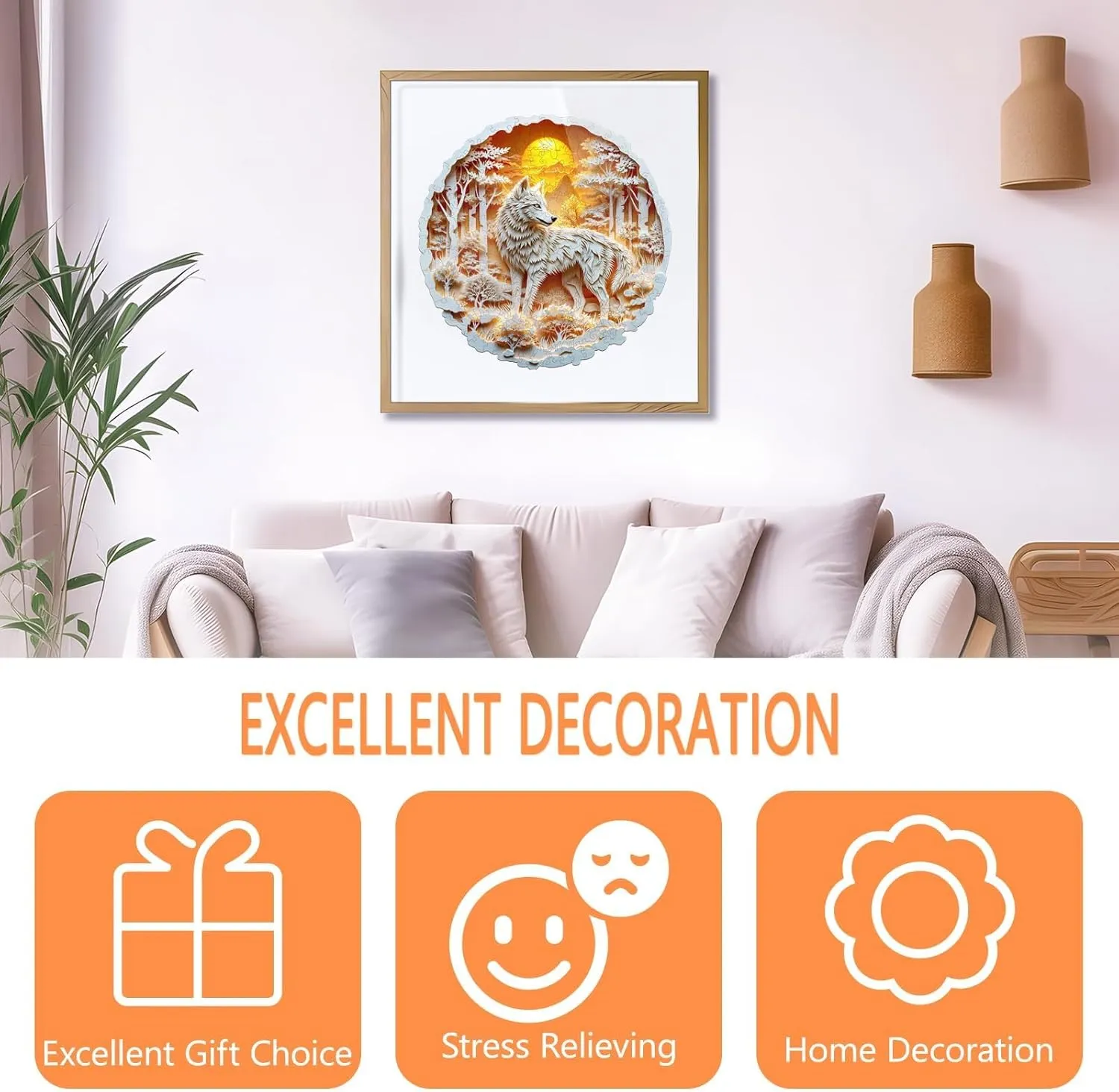 Art Home Decor$ Gift for Family$ Friends (L-13.4*13.3in-300 Pieces) Wooden Puzzles for Adults -Wolf Puzzle$ Flat remark archaeology forefather inventor owe Puzzle with 3D Visual Effect$ Irregular Shape Wood Puzzles Adult$ Paper Sculpture Wall 