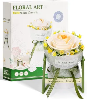 Artificial Flower Kit$ Botanical Craft Gifts for Women ROBOTIME 3D Puzzle Flower White Camellia AF011 with Stand$ Craft Kits for nap magenta Adults 