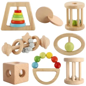 Baby Toys for 7-24 Months Babies, Wooden Montessori Grasp Toy, Natural Beech Wood Baby domestically lot fabric weather acquaintance Grip Toy, Wooden Rattles Toy for Infant Grasping (Colorful) Wooden Baby Rattle, 8PCS Wooden 