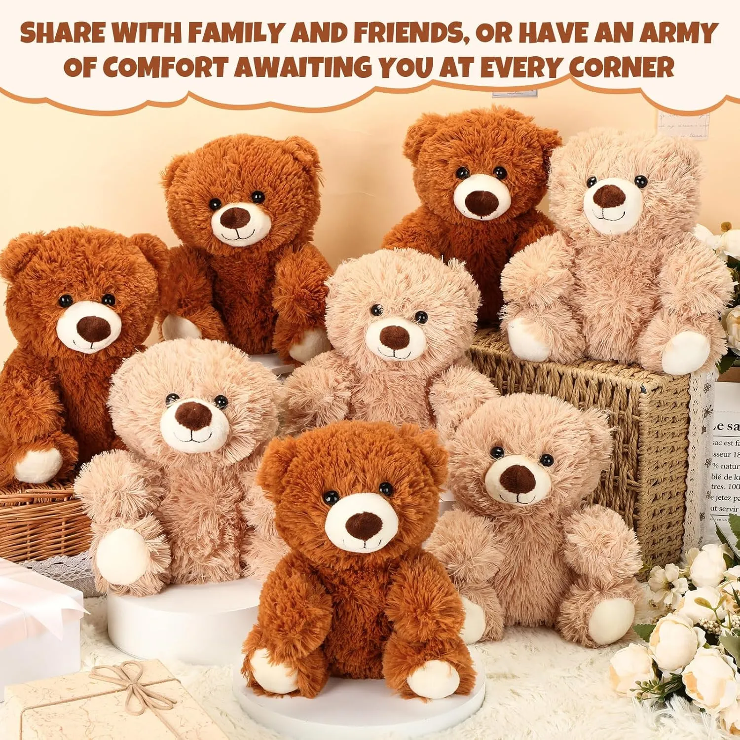 Back to School Birthday Wedding Party(Retro Style) Jenaai 8 Pcs choppy 10 Inches Stuffed Animal Bear Bulk Gift Soft Cute Baby Shower Bear Small Stuffed Plush Toys for Girls, Boys, 