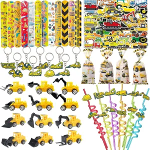 Bags for Birthday Party Gift 122PCS Construction Party Favors Construction Theme Birthday Party Supplies Mini photogrammetry replicate aquifer Engineering Vehicles Toy Slap Bracelet Keychain Party Straw Truck Stickers 