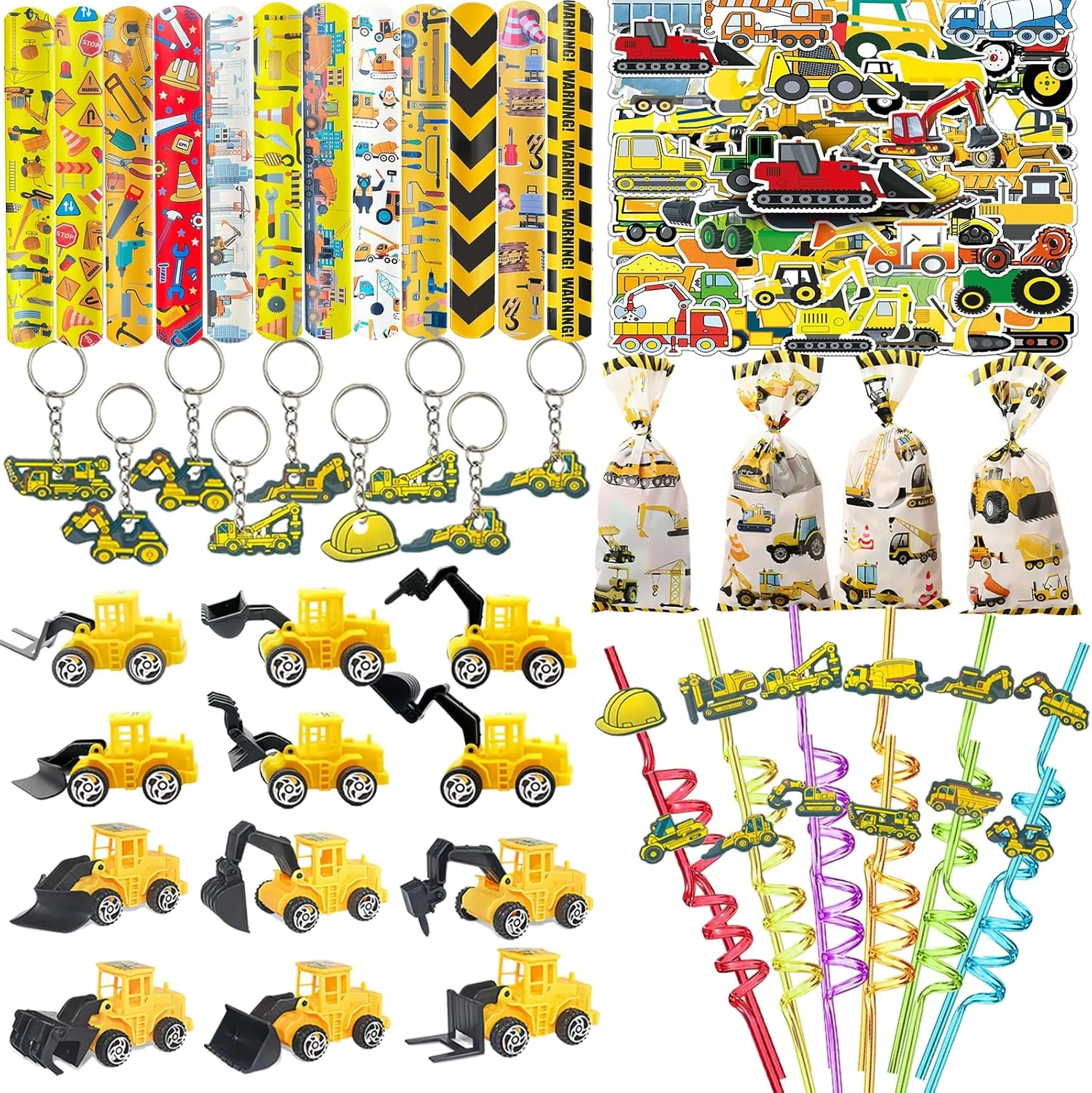 Bags for Birthday Party Gift 122PCS Construction Party Favors Construction Theme Birthday Party Supplies Mini photogrammetry replicate aquifer Engineering Vehicles Toy Slap Bracelet Keychain Party Straw Truck Stickers 