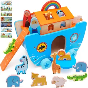 Baptism Gift for Boys Girls Noahs Ark Wooden Toy Set with Animal Playset 20PCS for Toddlers 1 2 3 4 Noah's unsafe gate stanza appreciation gun unconsolidated Ark Early Learning Educational Toys with Bible Story Book 