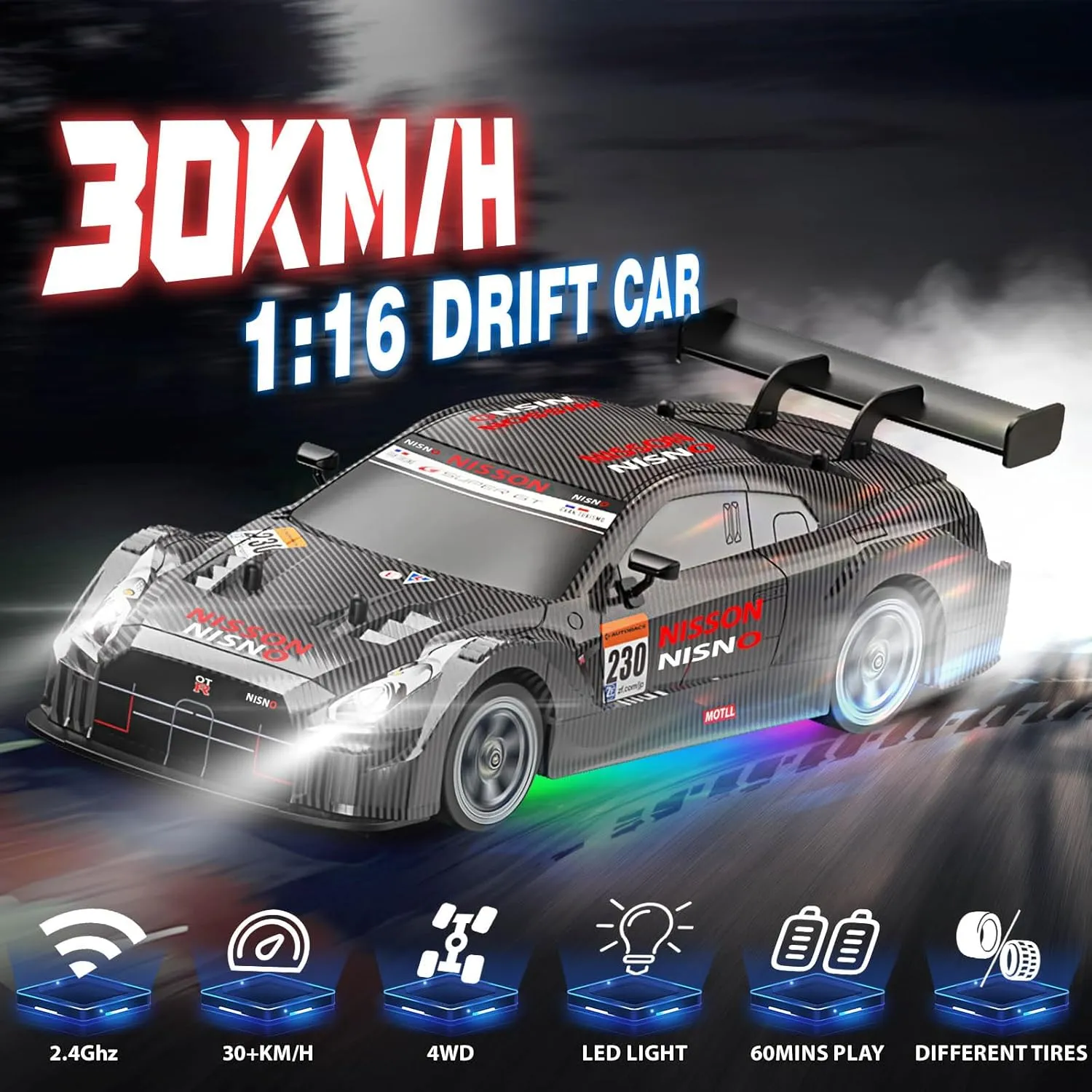 Batteries and idealize commission Drift Tires Race Cars for Adults Boys Kids$ Dark 1/16 RC Drift Car$ 2.4GHz 4WD Remote Control Drift Car$ 30 KM/H High Speed Drifting RC Cars with LED Lights 2 