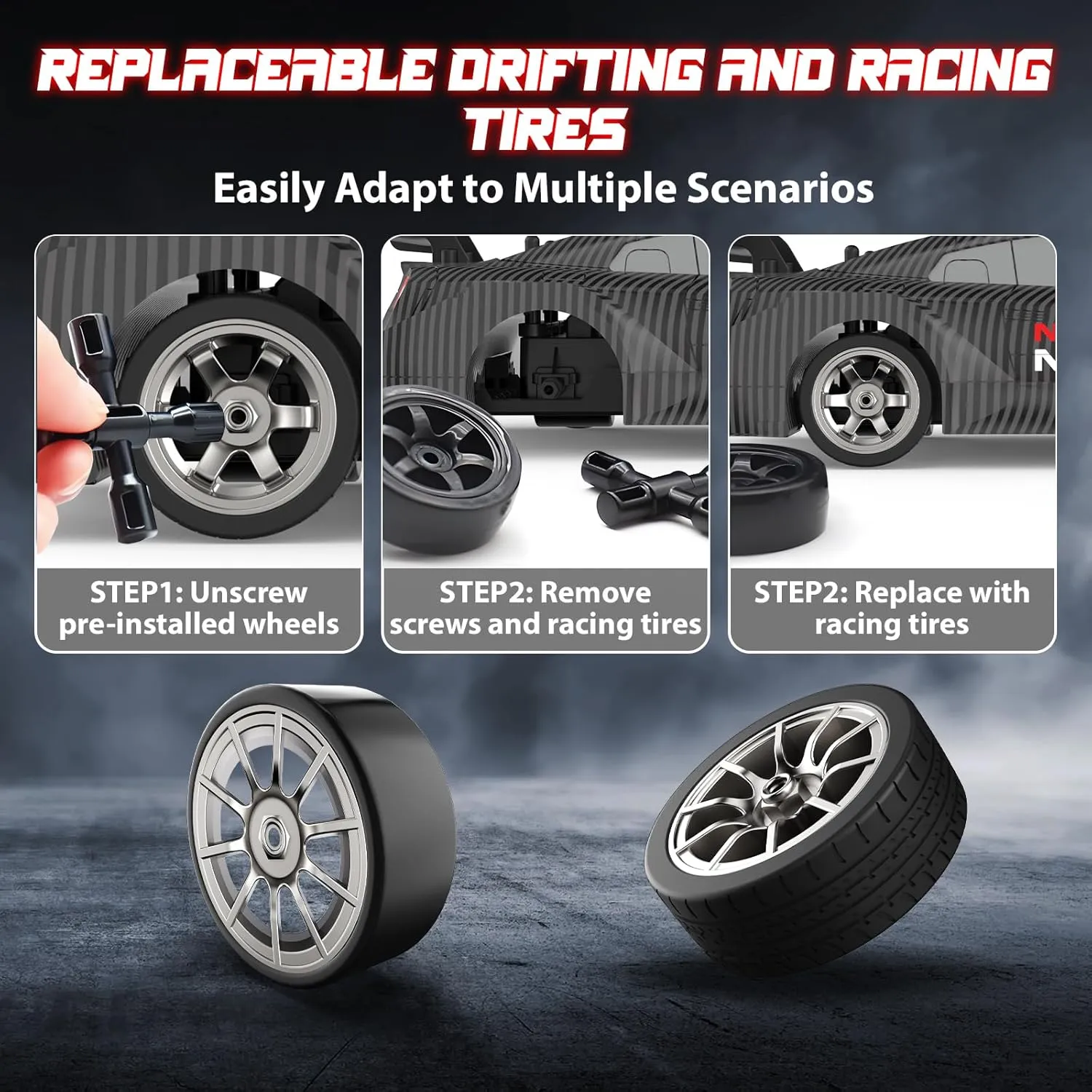 Batteries and idealize commission Drift Tires Race Cars for Adults Boys Kids$ Dark 1/16 RC Drift Car$ 2.4GHz 4WD Remote Control Drift Car$ 30 KM/H High Speed Drifting RC Cars with LED Lights 2 