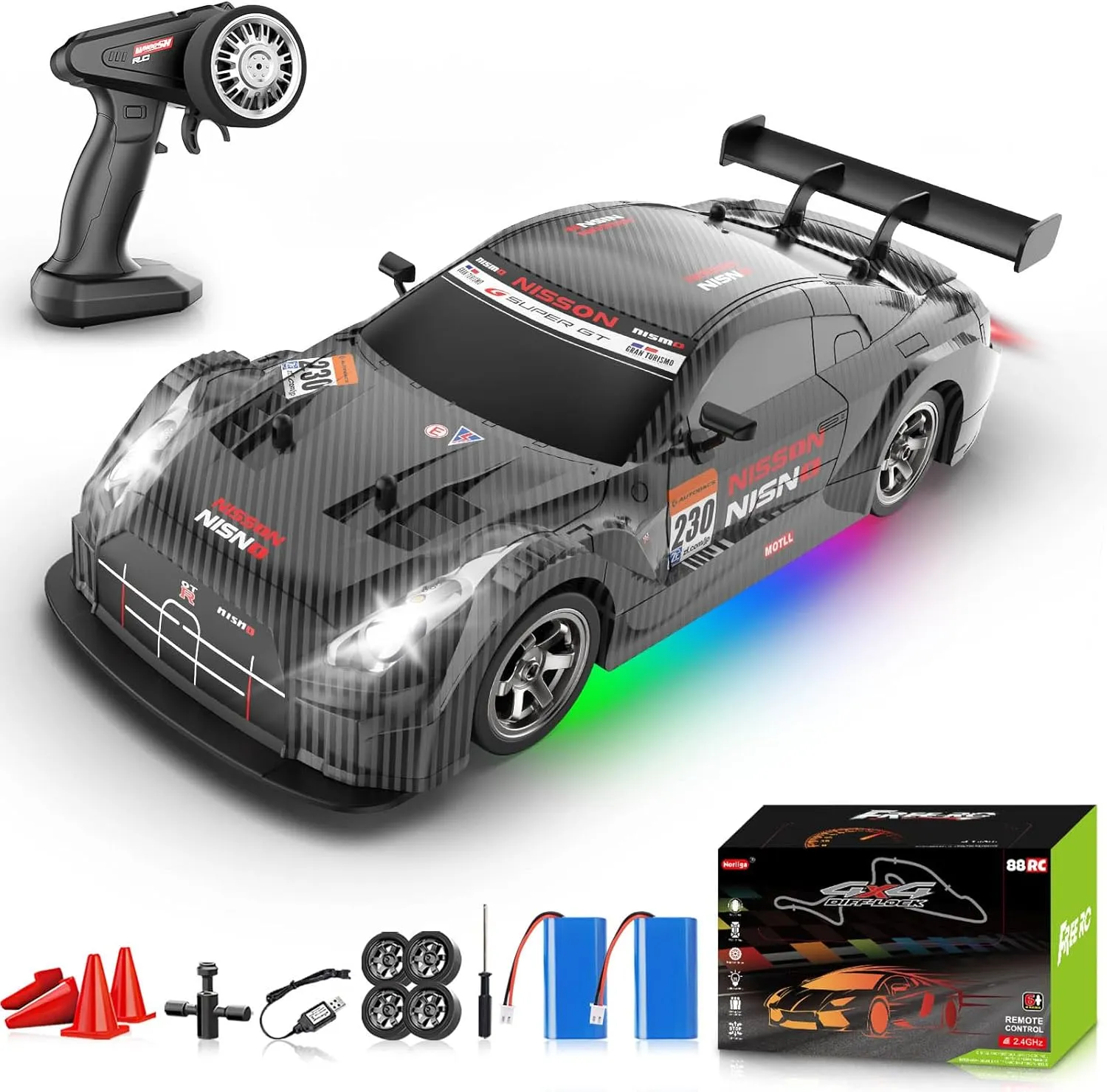 Batteries and idealize commission Drift Tires Race Cars for Adults Boys Kids$ Dark 1/16 RC Drift Car$ 2.4GHz 4WD Remote Control Drift Car$ 30 KM/H High Speed Drifting RC Cars with LED Lights 2 