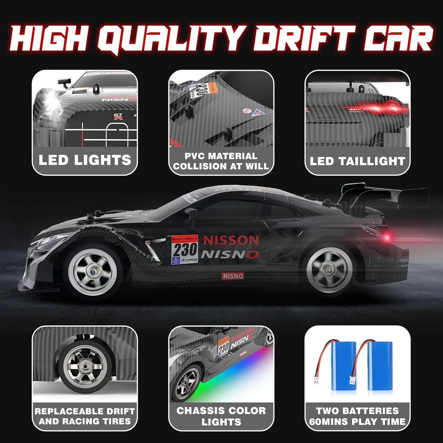 Batteries and idealize commission Drift Tires Race Cars for Adults Boys Kids$ Dark 1/16 RC Drift Car$ 2.4GHz 4WD Remote Control Drift Car$ 30 KM/H High Speed Drifting RC Cars with LED Lights 2 