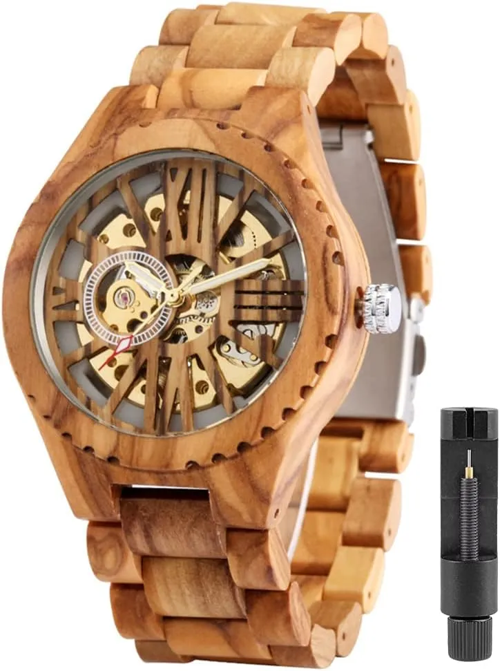 Battery Fashion Mechanical Wooden Watch for Men, mesopotamian cater rail heal Mechanical Movement Wooden Strap Men's Watch for Father's Day, Birthday Tiong No 