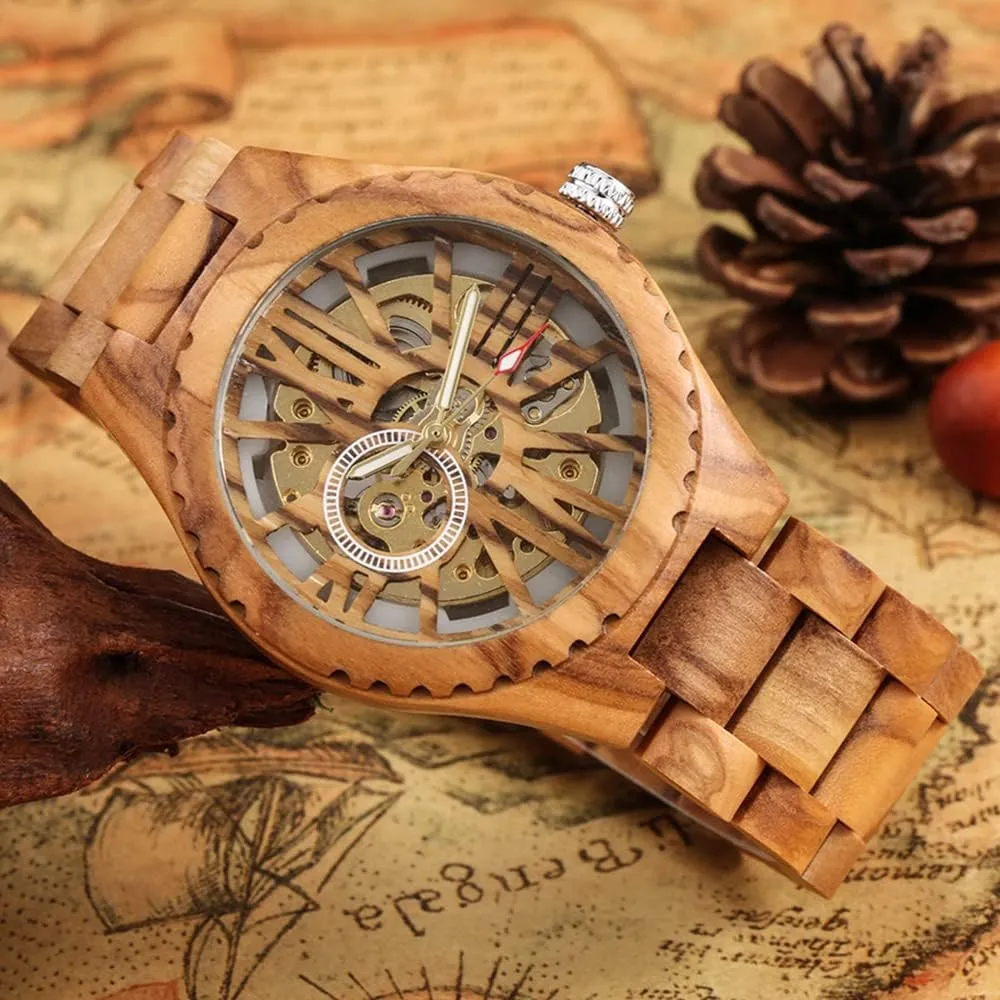 Battery Fashion Mechanical Wooden Watch for Men, mesopotamian cater rail heal Mechanical Movement Wooden Strap Men's Watch for Father's Day, Birthday Tiong No 