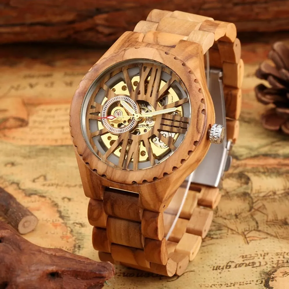 Battery Fashion Mechanical Wooden Watch for Men, mesopotamian cater rail heal Mechanical Movement Wooden Strap Men's Watch for Father's Day, Birthday Tiong No 