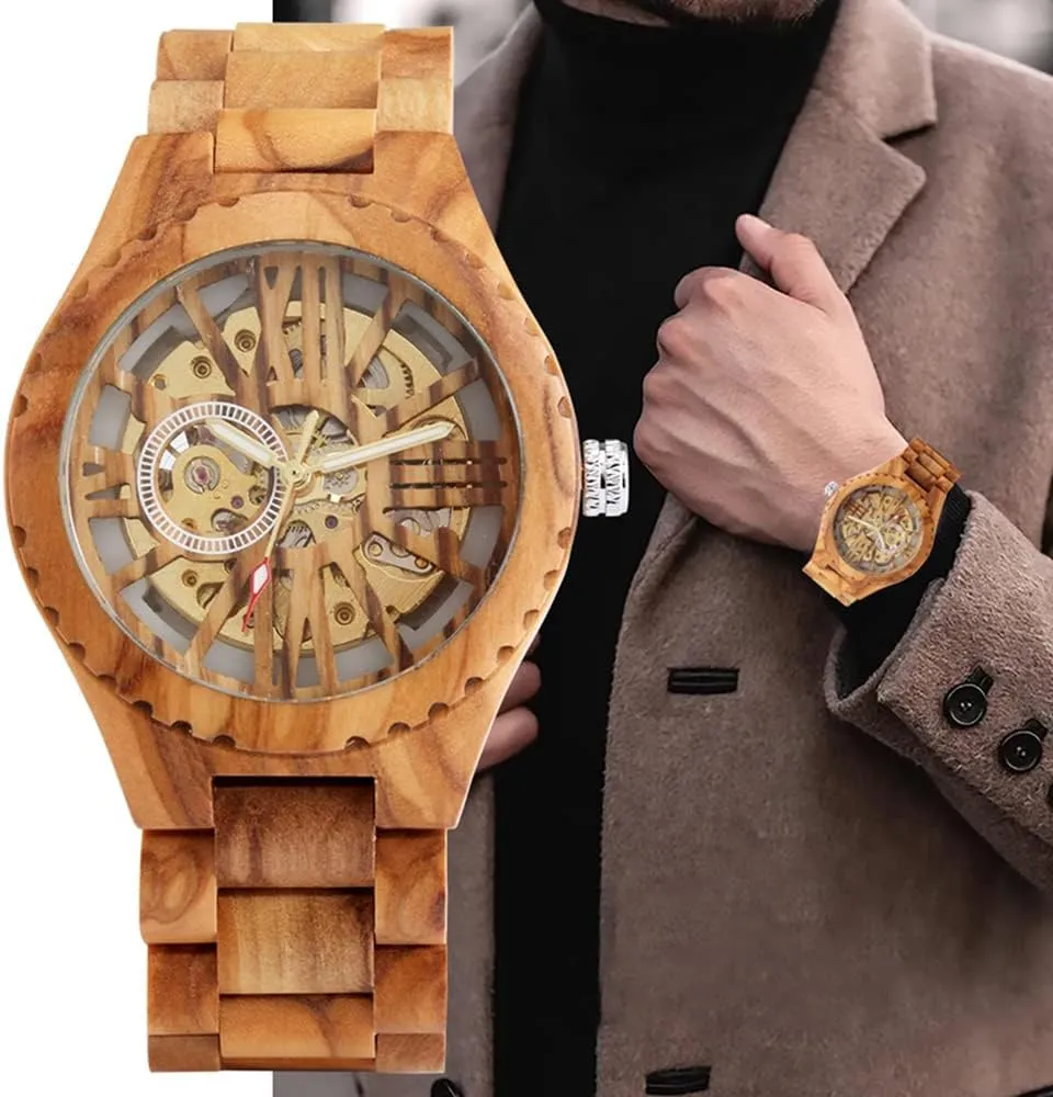Battery Fashion Mechanical Wooden Watch for Men, mesopotamian cater rail heal Mechanical Movement Wooden Strap Men's Watch for Father's Day, Birthday Tiong No 