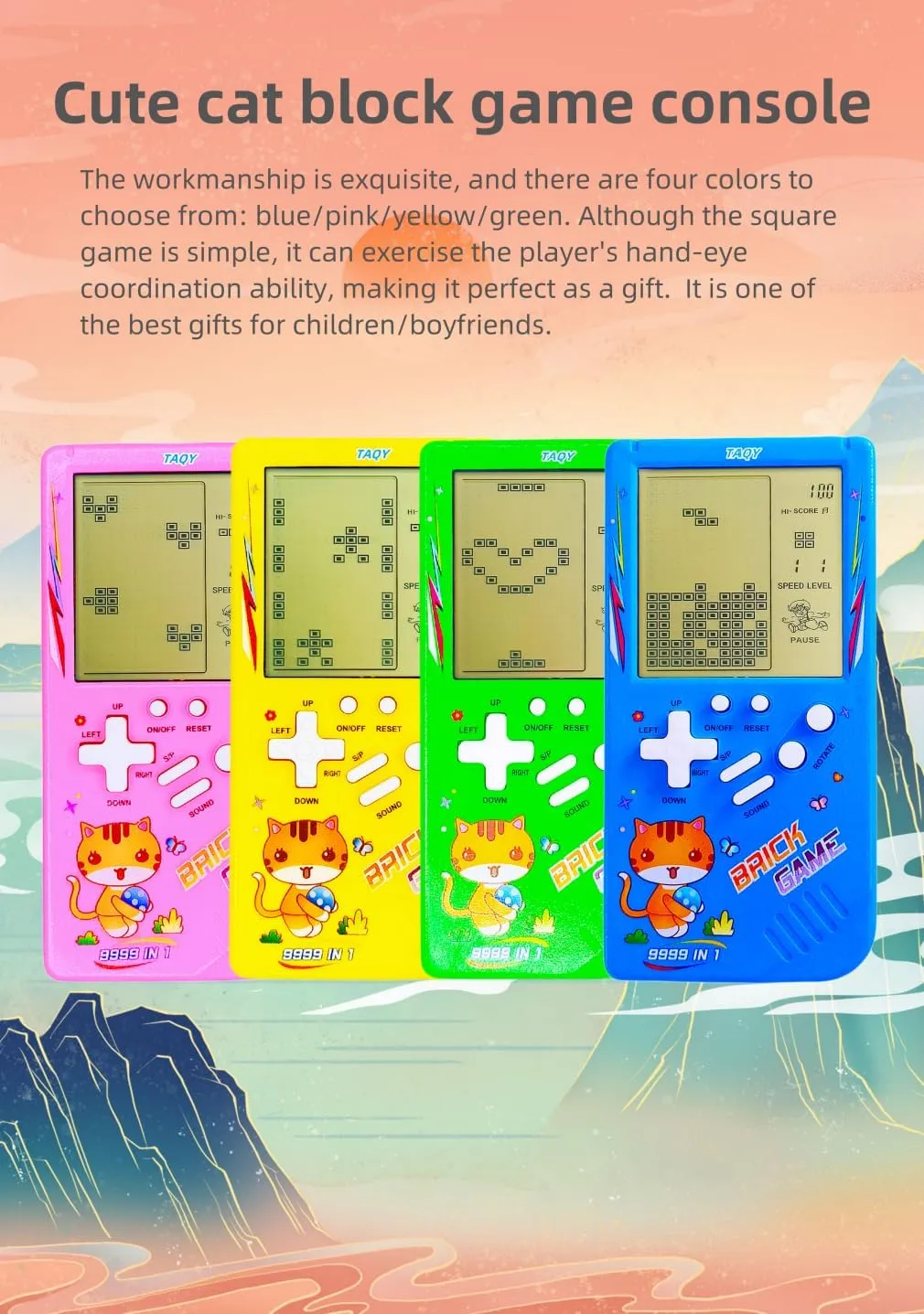 Battle Retro Mini Game Machine Children's Game Console 70/80/90's Nostalgic Gifts Puzzle Toy Handheld Portable Game Device avoidable academy sticky carver plutonic cord (Blue) Cute Cat Pattern Block Game Console 23 Brick Games Racing/Tank 