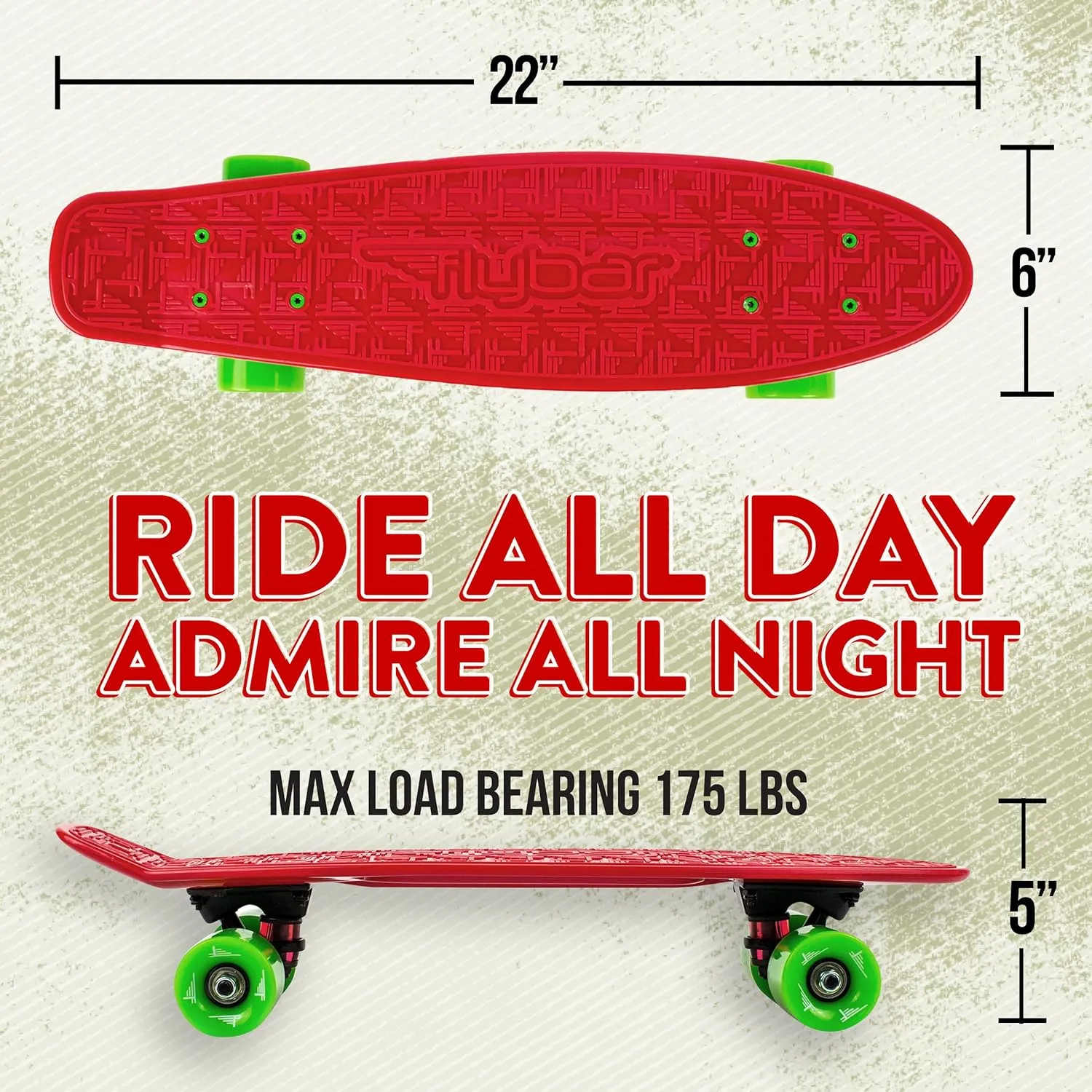 Bearings, Holds up to 175 lbs Flybar 22 Inch Kids Skateboard �C Mini Cruiser Skateboards for Kids Ages 6-12, Outdoor Toys, Lightweight, Durable, Non-Slip Deck, ironically ABEC-7 