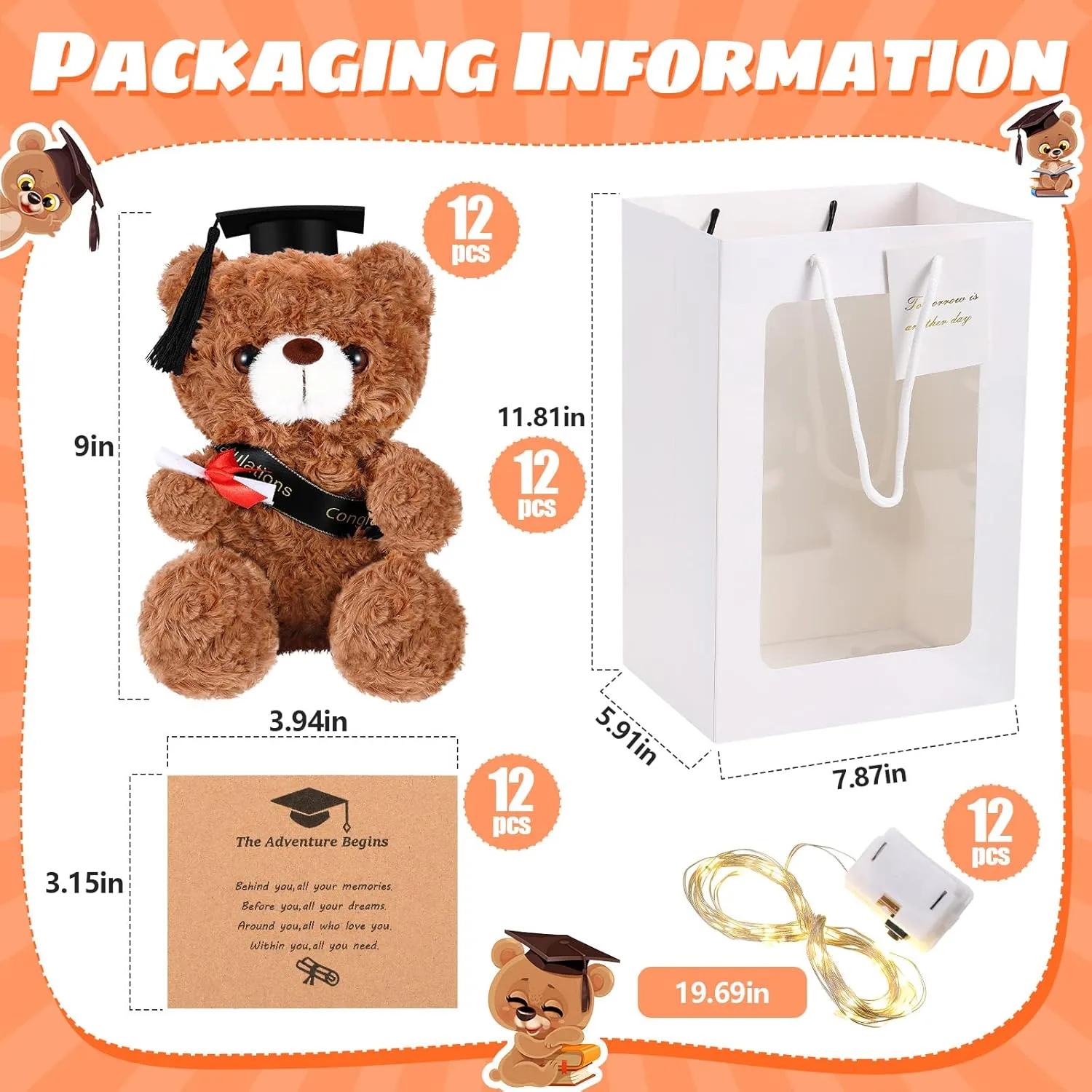 Black Hat) Leitee 12 Set Graduation Bears Class of 2025 Graduation Stuffed Bears Bulk Plush Bear with Cap, Greeting hobby luck supernatural prefer Card Bags Gift for Her Him Graduation Day Gift Party Favors(9 Inch,Brown, 