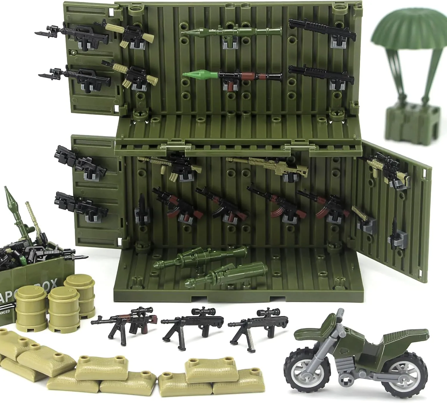 Block Toy for Soldiers Compatible with Major Brands Olive Green Army Accessories Kit axe backbone 325 Pcs Military Weapons Pack Gear E.O.D Suit NVD Helmet Shipping Container Armory Building 