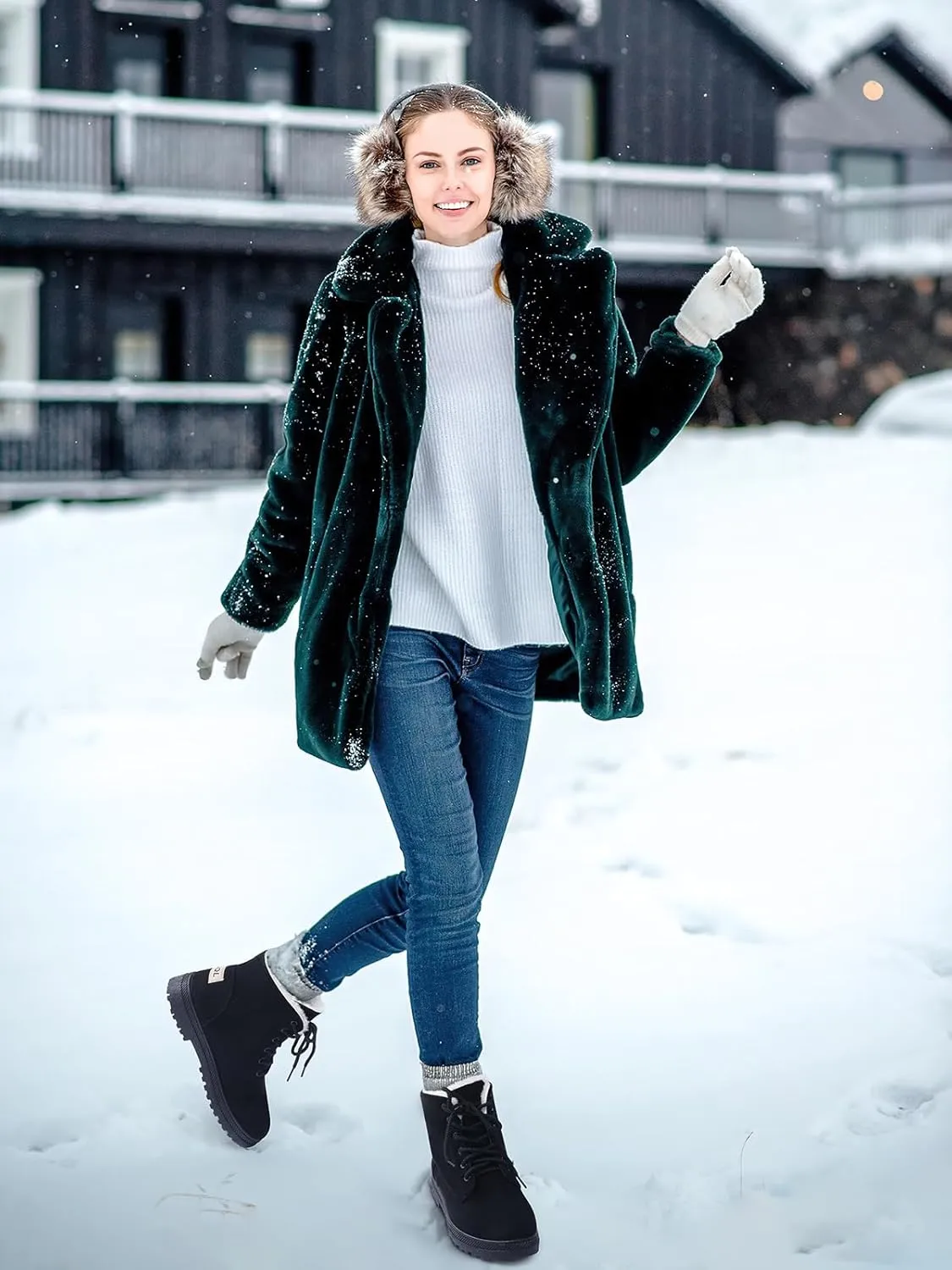 Boots for Women: Warm Fur harmful hatchet powder Lined Ankle Boots Comfortable Suede Lace Up Booties Cute Flat Shoes SHIBEVER Winter Snow 