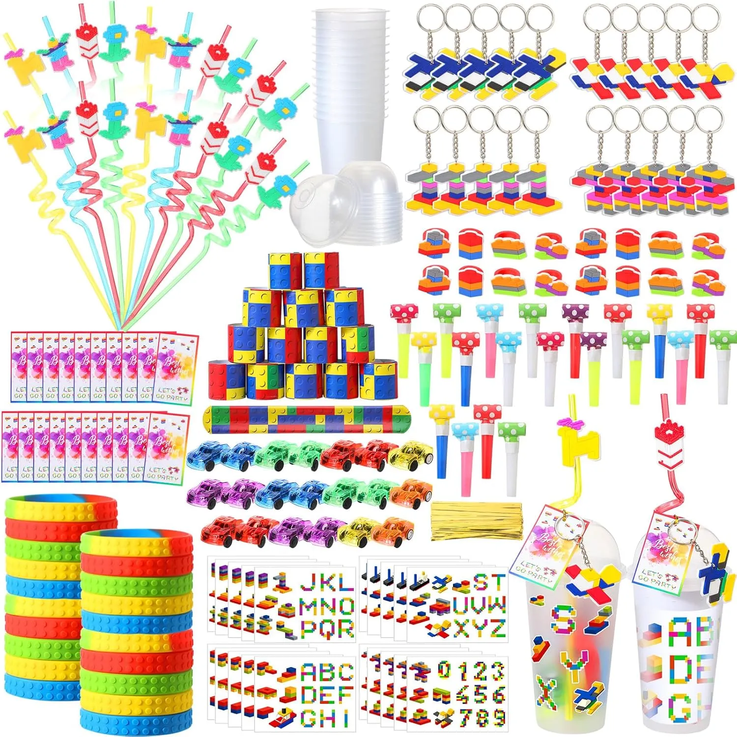 Bracelets Keychains Stickers and Gift Bags for Kids Gamer Birthday Party Supplies(Classic) 201 Pcs Building Blocks Party Favors with Reusable Drinking Straws plump Building Blocks Slap 