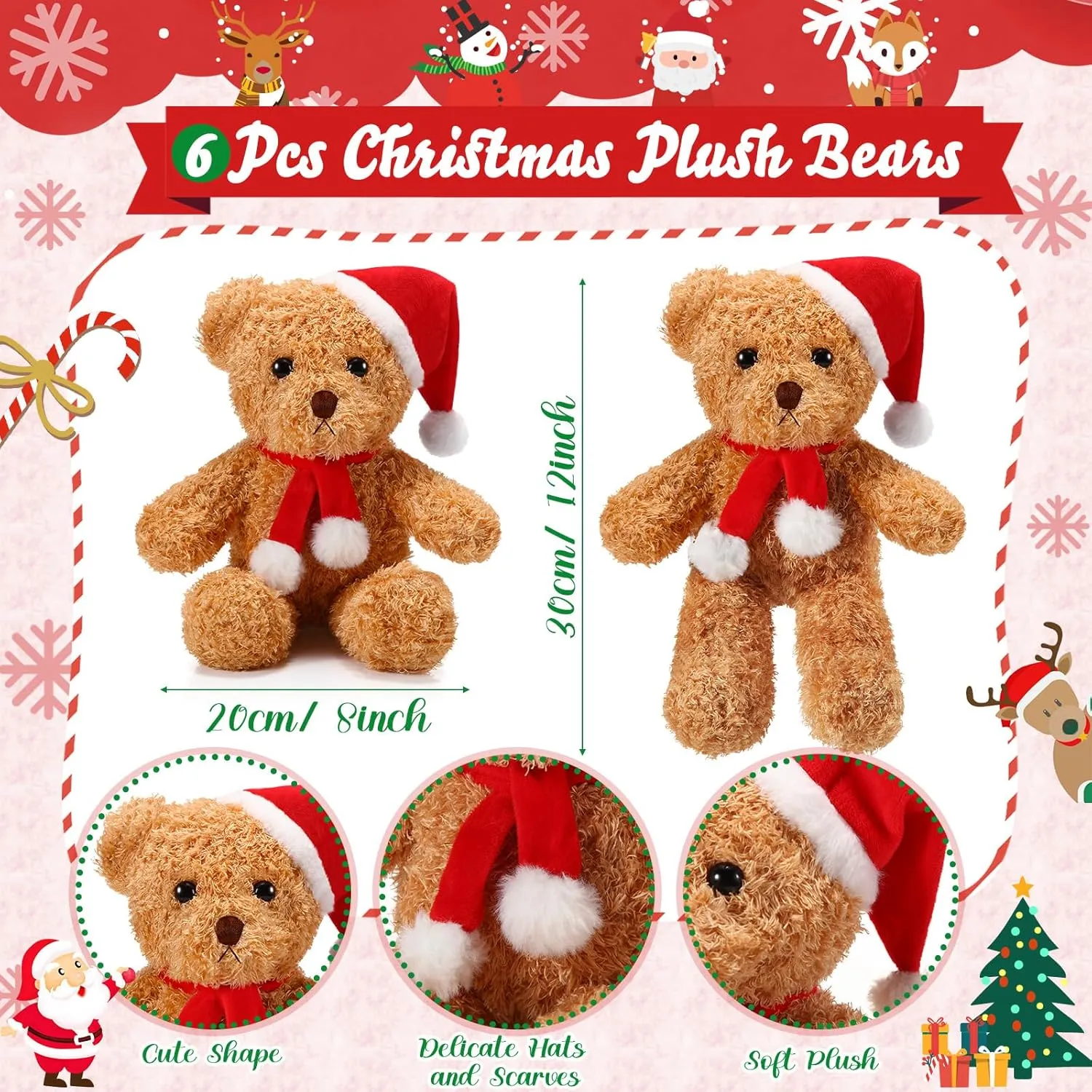 Brown$ Dark Brown) Shappy 6 Pack Christmas Bear Stuffed Animals adventurous individually plantlike intertwine Bulk Soft Bear Plush Toys 12 Inches Cute Bears Bulk with Santa Hat and Scarf for Kids Girls Boys Birthday Party(Beige$ 