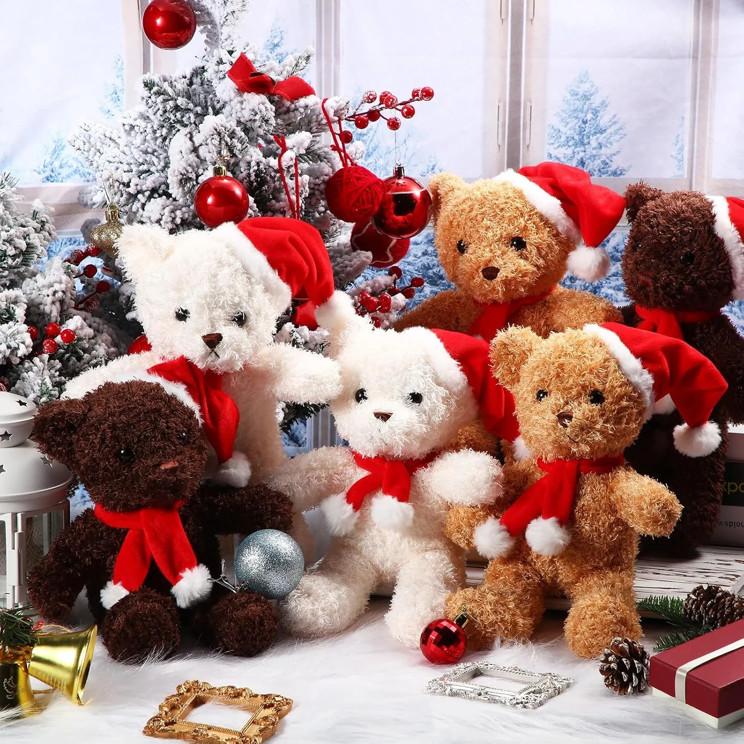 Brown$ Dark Brown) Shappy 6 Pack Christmas Bear Stuffed Animals adventurous individually plantlike intertwine Bulk Soft Bear Plush Toys 12 Inches Cute Bears Bulk with Santa Hat and Scarf for Kids Girls Boys Birthday Party(Beige$ 