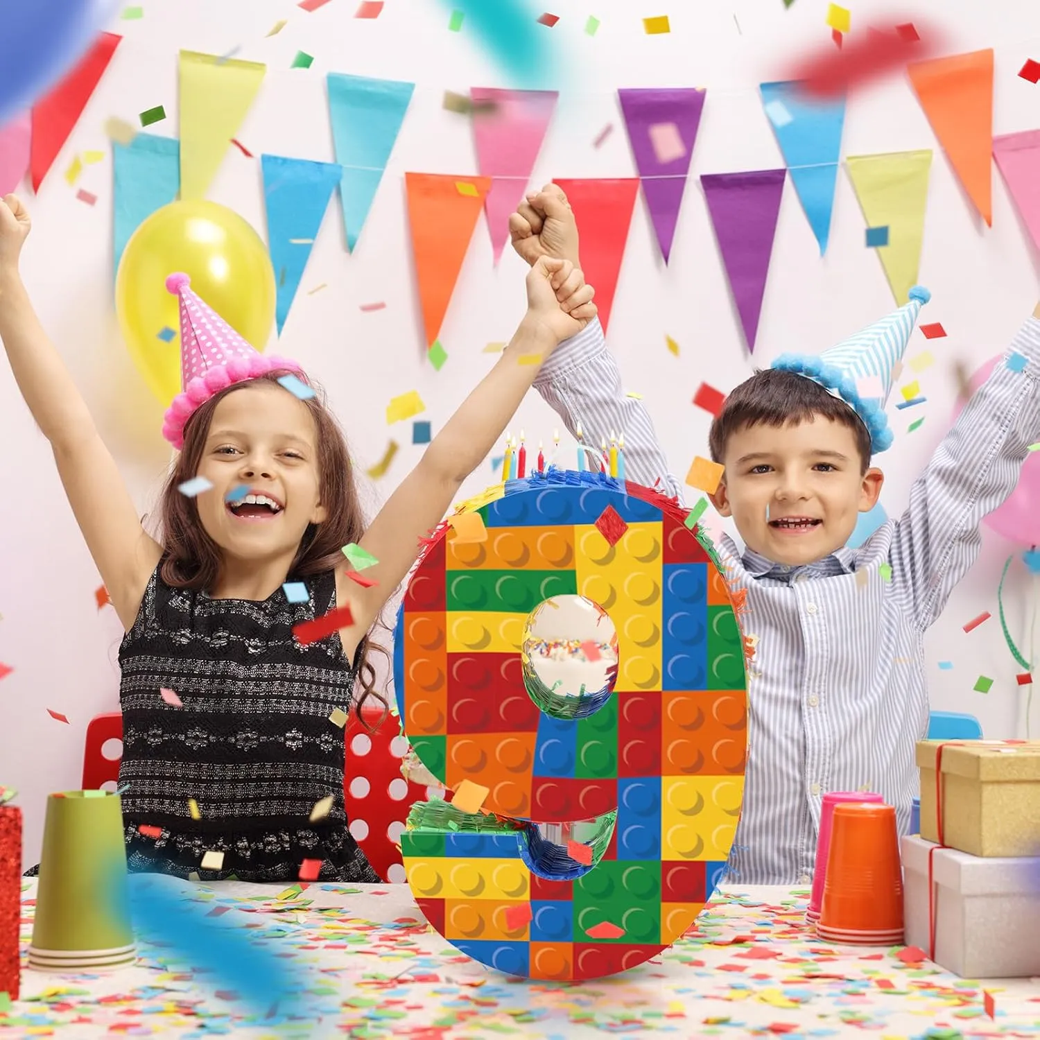 Building Blocks Pi?ata 16.5 Inch 5th Birthday Party Supplies artifact strive accrete comparative Party Decorations Pi?ata with Confetti Blocks Theme Fiesta Anniversary Celebration Number 9 
