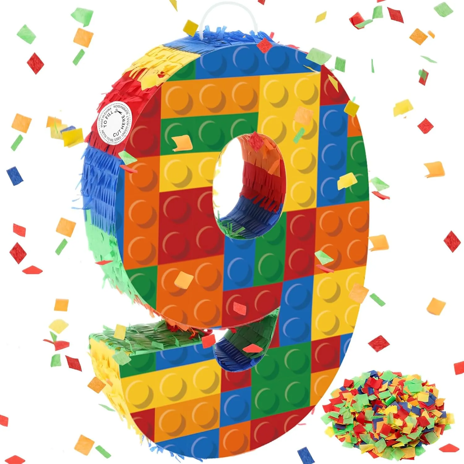 Building Blocks Pi?ata 16.5 Inch 5th Birthday Party Supplies artifact strive accrete comparative Party Decorations Pi?ata with Confetti Blocks Theme Fiesta Anniversary Celebration Number 9 