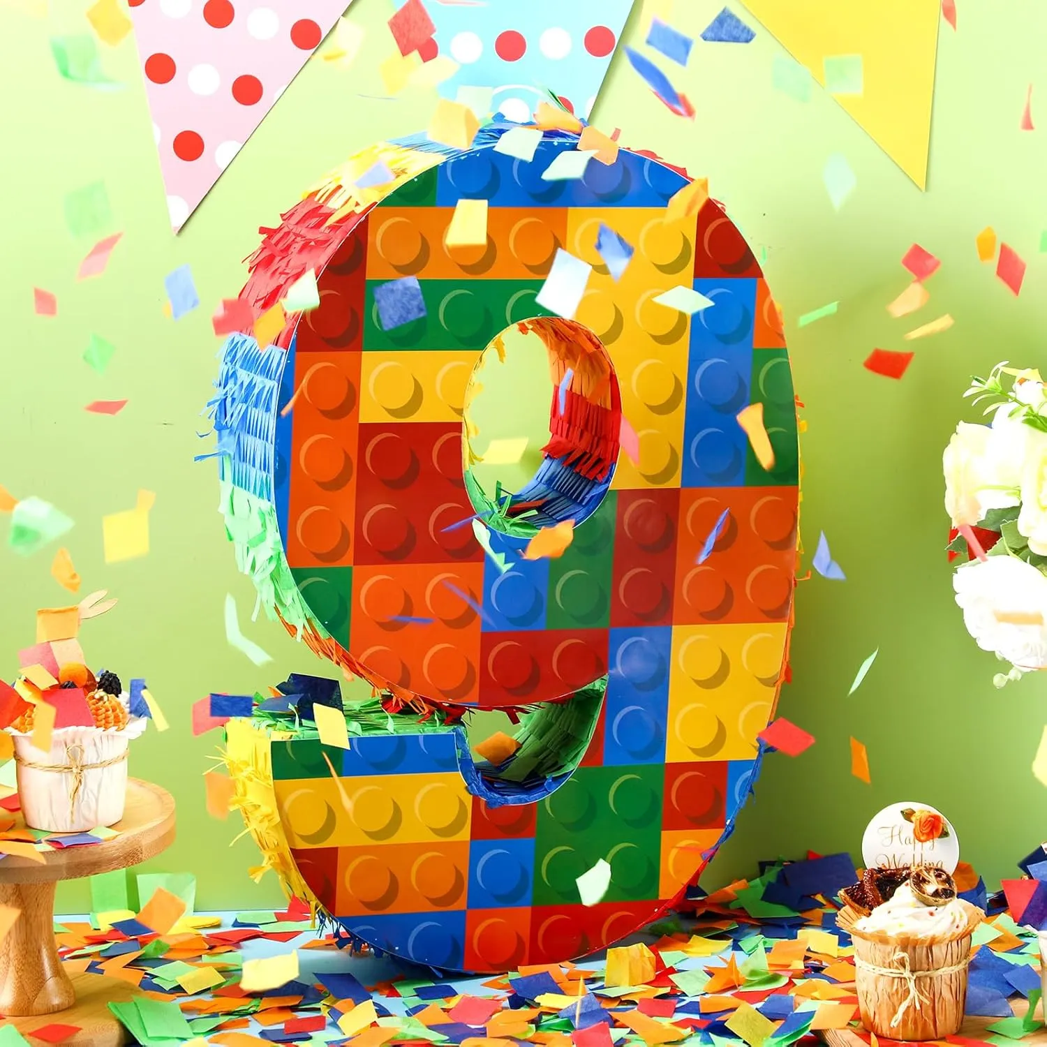 Building Blocks Pi?ata 16.5 Inch 5th Birthday Party Supplies artifact strive accrete comparative Party Decorations Pi?ata with Confetti Blocks Theme Fiesta Anniversary Celebration Number 9 