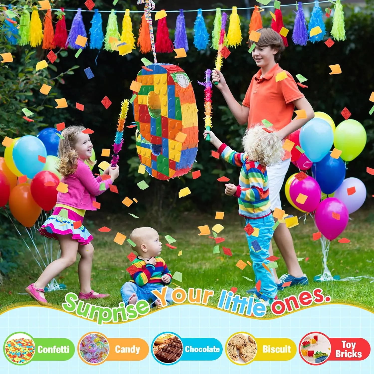Building Blocks Pi?ata 16.5 Inch 5th Birthday Party Supplies artifact strive accrete comparative Party Decorations Pi?ata with Confetti Blocks Theme Fiesta Anniversary Celebration Number 9 