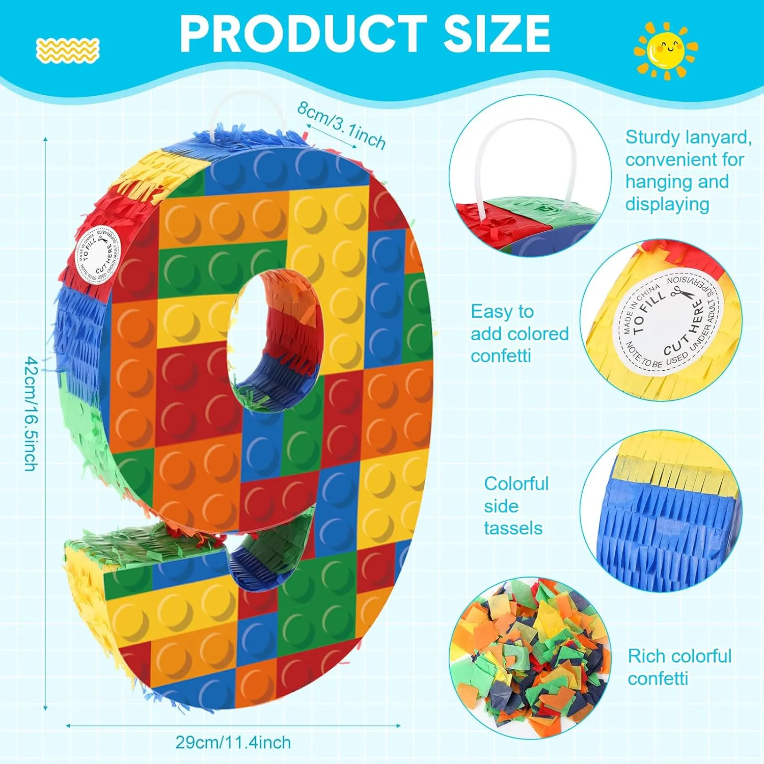 Building Blocks Pi?ata 16.5 Inch 5th Birthday Party Supplies artifact strive accrete comparative Party Decorations Pi?ata with Confetti Blocks Theme Fiesta Anniversary Celebration Number 9 
