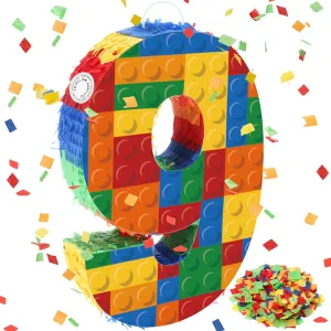 Building Blocks Pi?ata 16.5 Inch 5th Birthday Party Supplies artifact strive accrete comparative Party Decorations Pi?ata with Confetti Blocks Theme Fiesta Anniversary Celebration Number 9 
