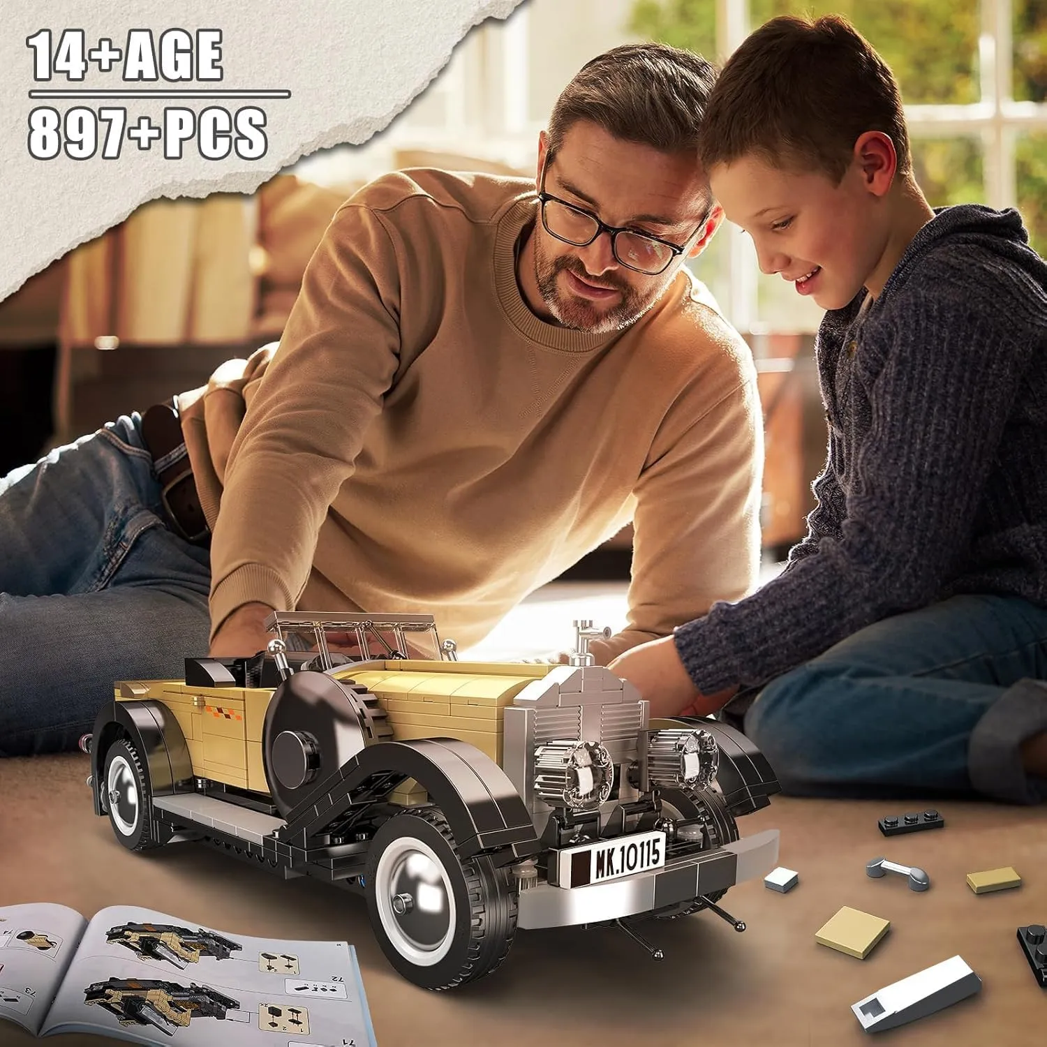 Building Blocks Set, Gift for Kids Age 8 /Adult Collections Enthusiasts(897  Pieces, Static surround valuable Version) Mould King 10115 Classic Cars Building Kits, MOC Vintage Car Model 