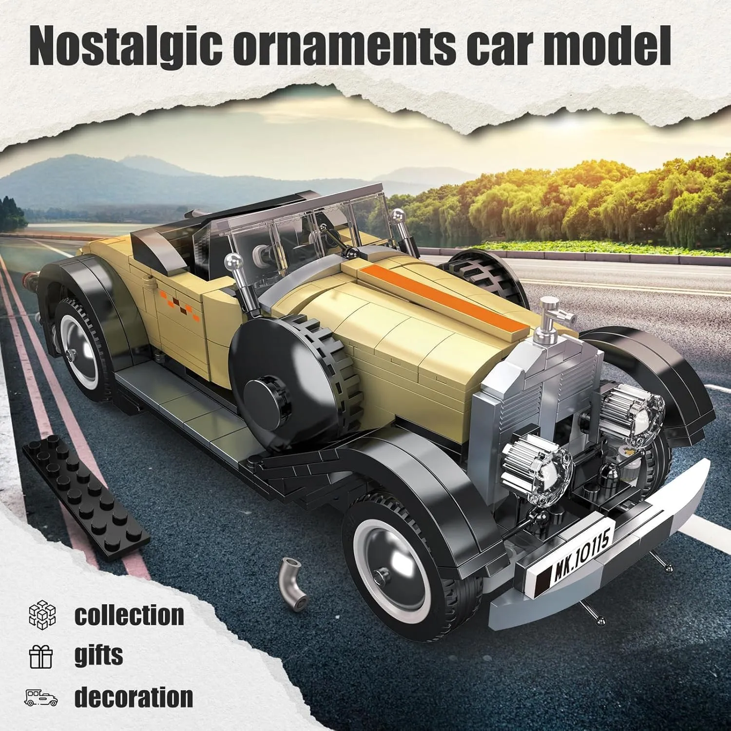 Building Blocks Set, Gift for Kids Age 8 /Adult Collections Enthusiasts(897  Pieces, Static surround valuable Version) Mould King 10115 Classic Cars Building Kits, MOC Vintage Car Model 