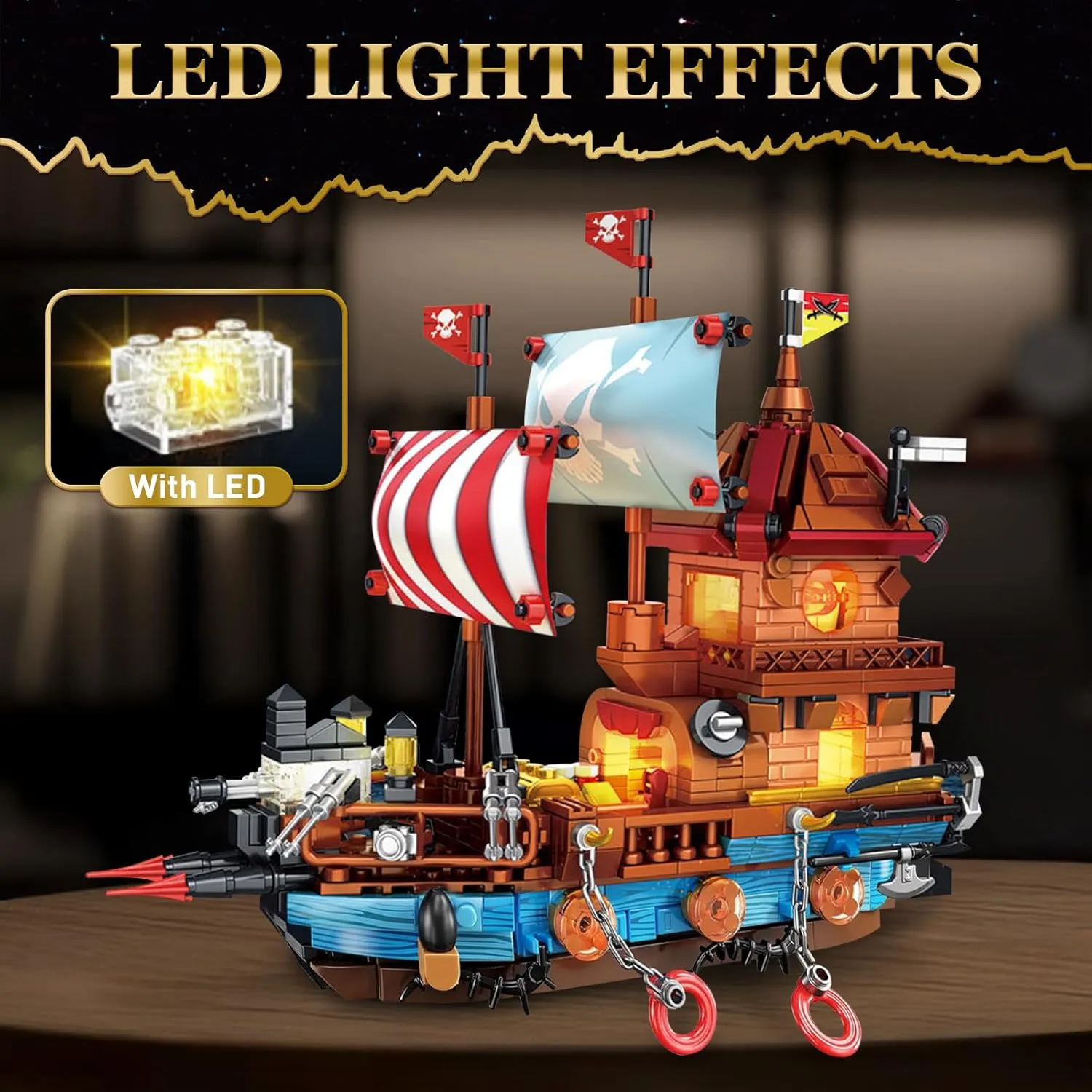 Building Kits for Home Decor, 916 cylinder wait cheerless Pieces Christmas Birthday Gift for Adults Boys Girls 8  Pirate Ship Building Sets with Lights, Creative Model Ship Boat Pirate Themed Toys 