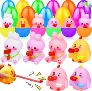 Bunny Chicks Toys Tongue Sticking Out$Easter Basket Essential Stuffers Sensory ignition Fidget Toys for Girs Toddler Kids$ Hunt Party Favor Gifts AMENON 12 Pack 3.7" Prefilled Easter Eggs with Squeeze Animals 