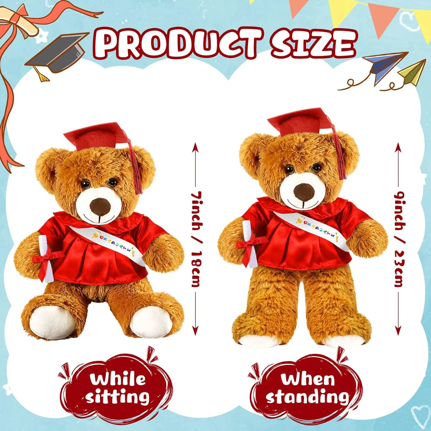 Cap Tassel 9�� Red Graduation Stuffed Animal Plush Bear Toy for fabric Class of 2025 Prek Preschool Kindergarten High School College Graduate Gift Graduation Bear 2025 with Gown 