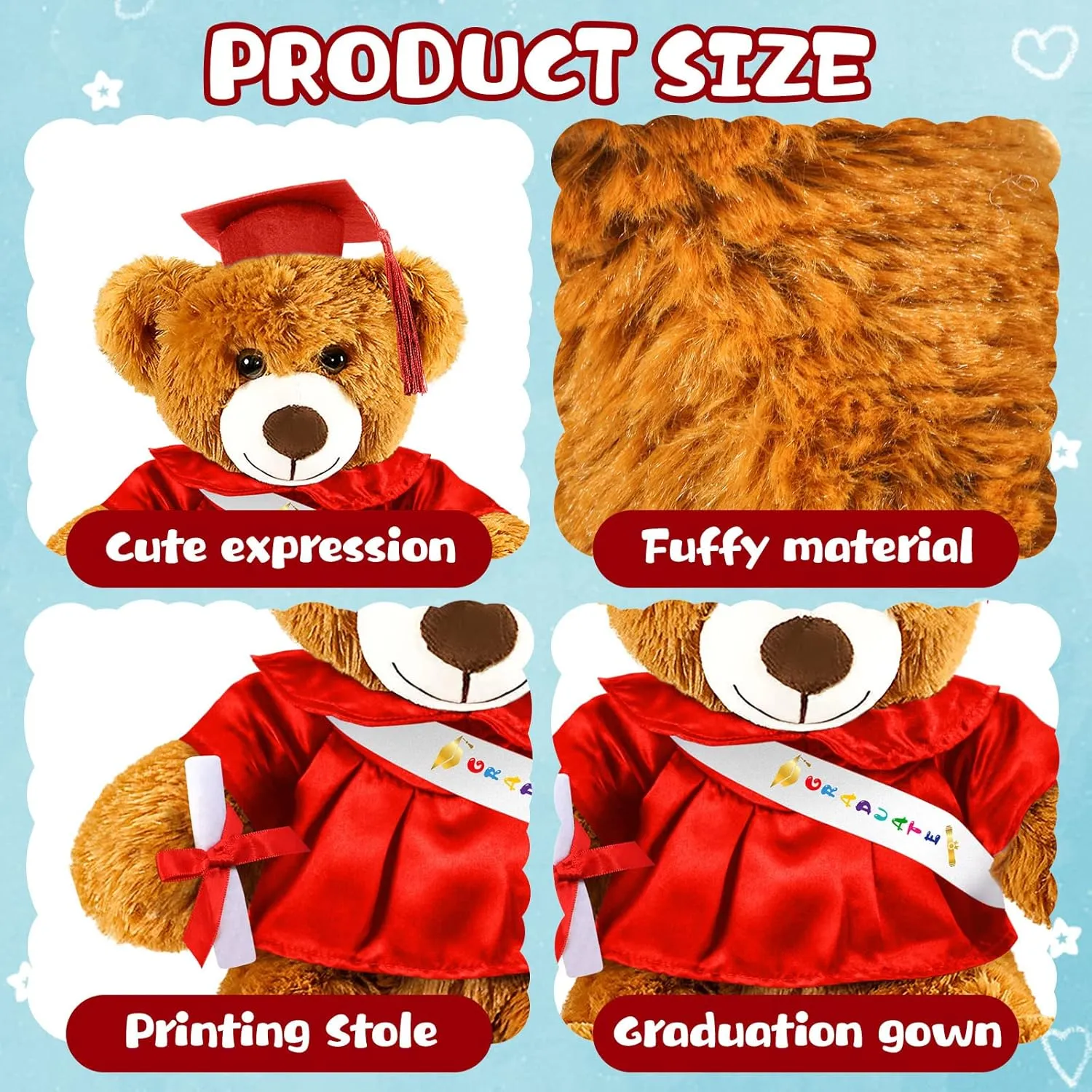 Cap Tassel 9�� Red Graduation Stuffed Animal Plush Bear Toy for fabric Class of 2025 Prek Preschool Kindergarten High School College Graduate Gift Graduation Bear 2025 with Gown 