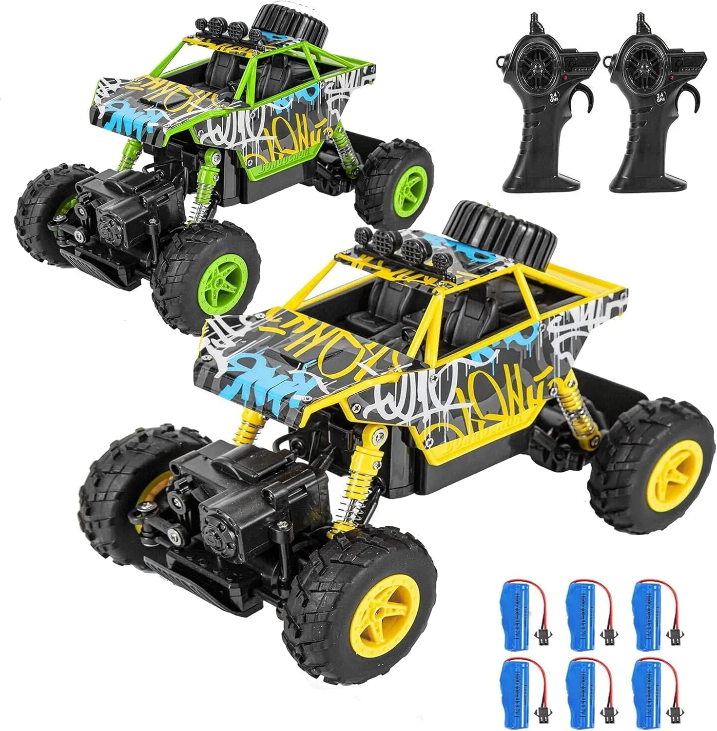 Car for Boys Girls-RC Stunt Car 4WD Monster Truck 2.4Ghz with 6 Rechargeable Batteries Dual Motors Unique Graffiti Off Road Toy Cars$Graffiti Yellow   Graffiti Green [2PCS] Remote temper Control 