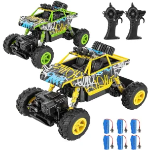 Car for Boys Girls-RC Stunt Car 4WD Monster Truck 2.4Ghz with 6 Rechargeable Batteries Dual Motors Unique Graffiti Off Road Toy Cars$Graffiti Yellow   Graffiti Green [2PCS] Remote temper Control 