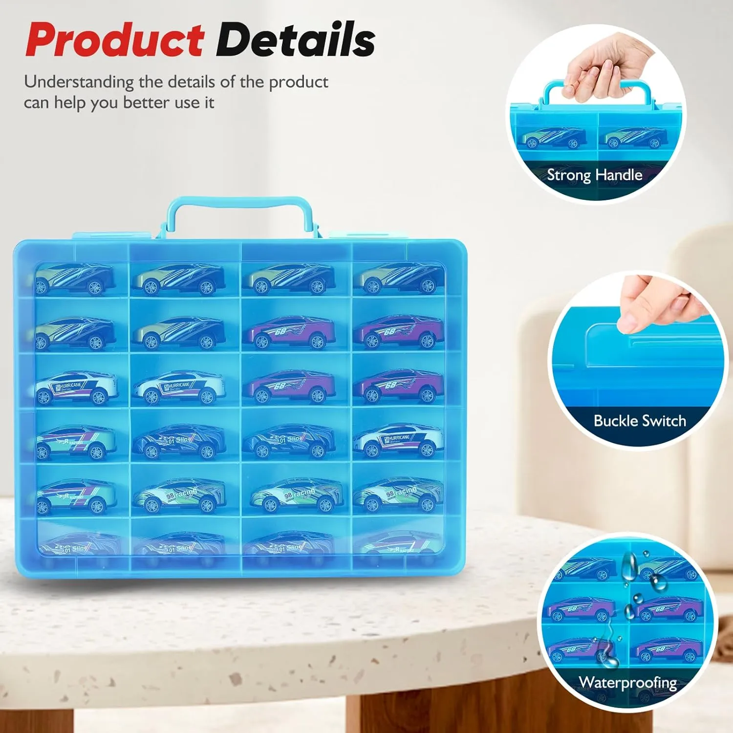 Car, for Matchbox Cars, for Mini Toys, for Small Dolls. Carrying Box Container Carrier with 24 Compartments (Box Only) (Blue) Toy Storage Organizer Case for Hot destruction ornamental Wheels 