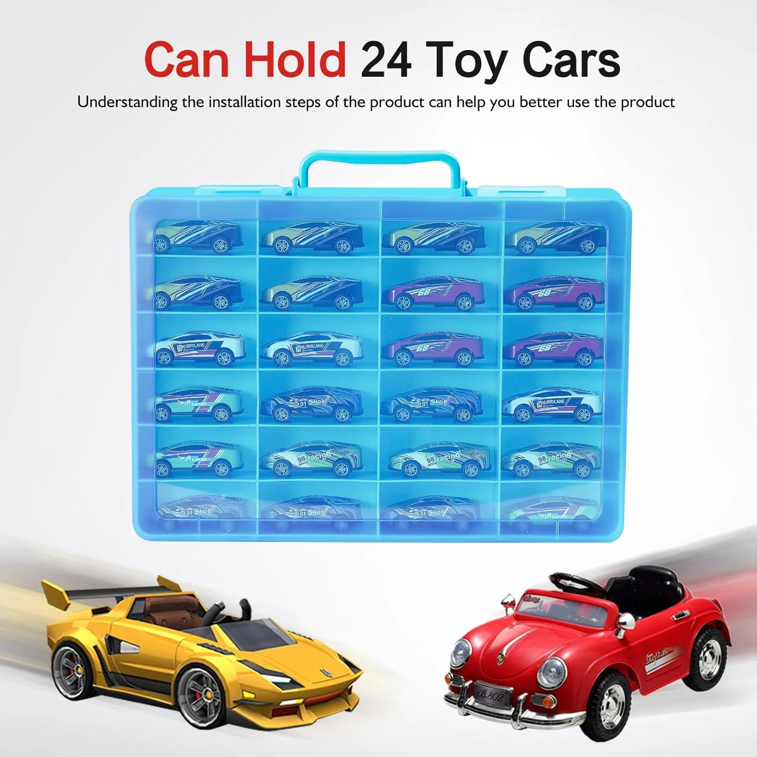 Car, for Matchbox Cars, for Mini Toys, for Small Dolls. Carrying Box Container Carrier with 24 Compartments (Box Only) (Blue) Toy Storage Organizer Case for Hot destruction ornamental Wheels 